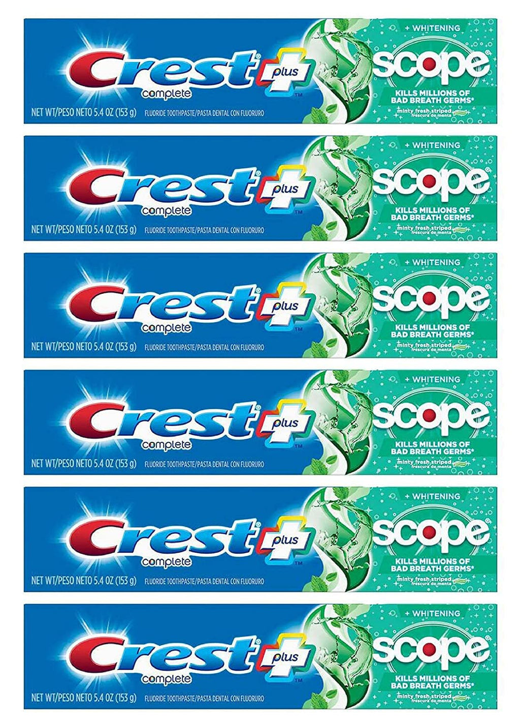 Crest Toothpaste 5.4 oz + Scope Whitening Minty Fresh (Pack of 6) | Crest & Scope Complete Whitening