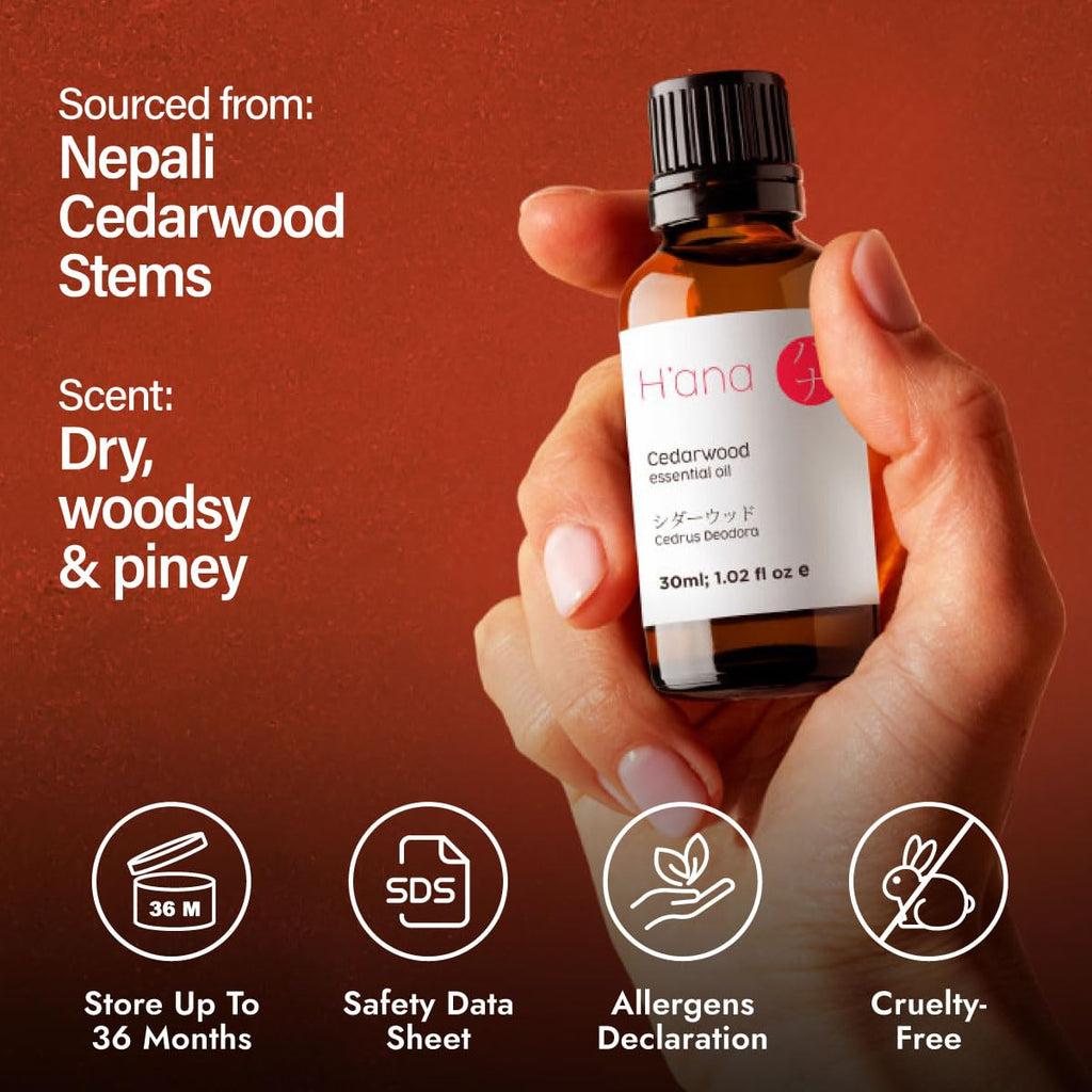 H'ana Cedarwood Essential Oil - 1.02 Fl Oz - for Hair, Skin, Diffuser, Aromatherapy, DIY Candle & Soap Making