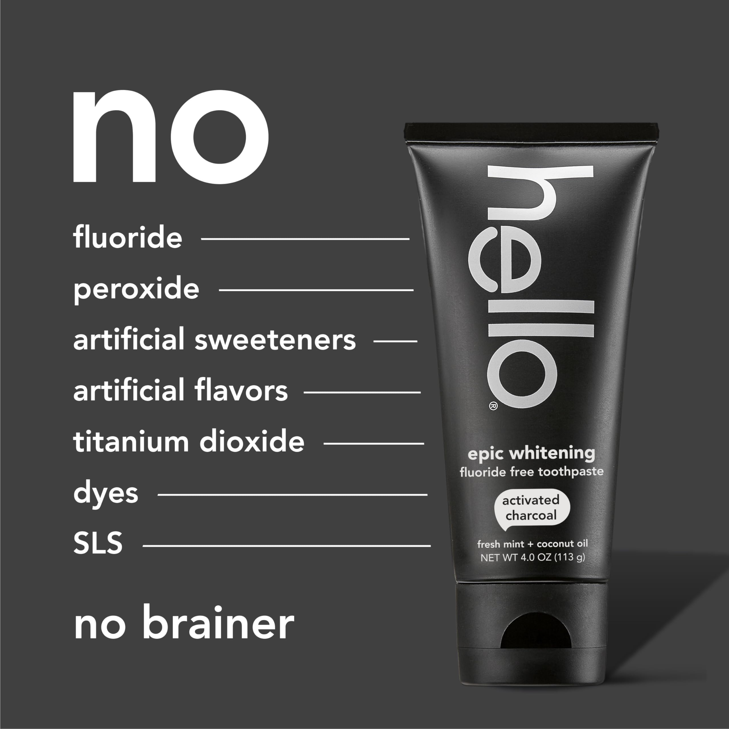 Hello Epic Whitening Charcoal Toothpaste – Fluoride Free, SLS Free, 3-Pack, 4.0 oz Tubes