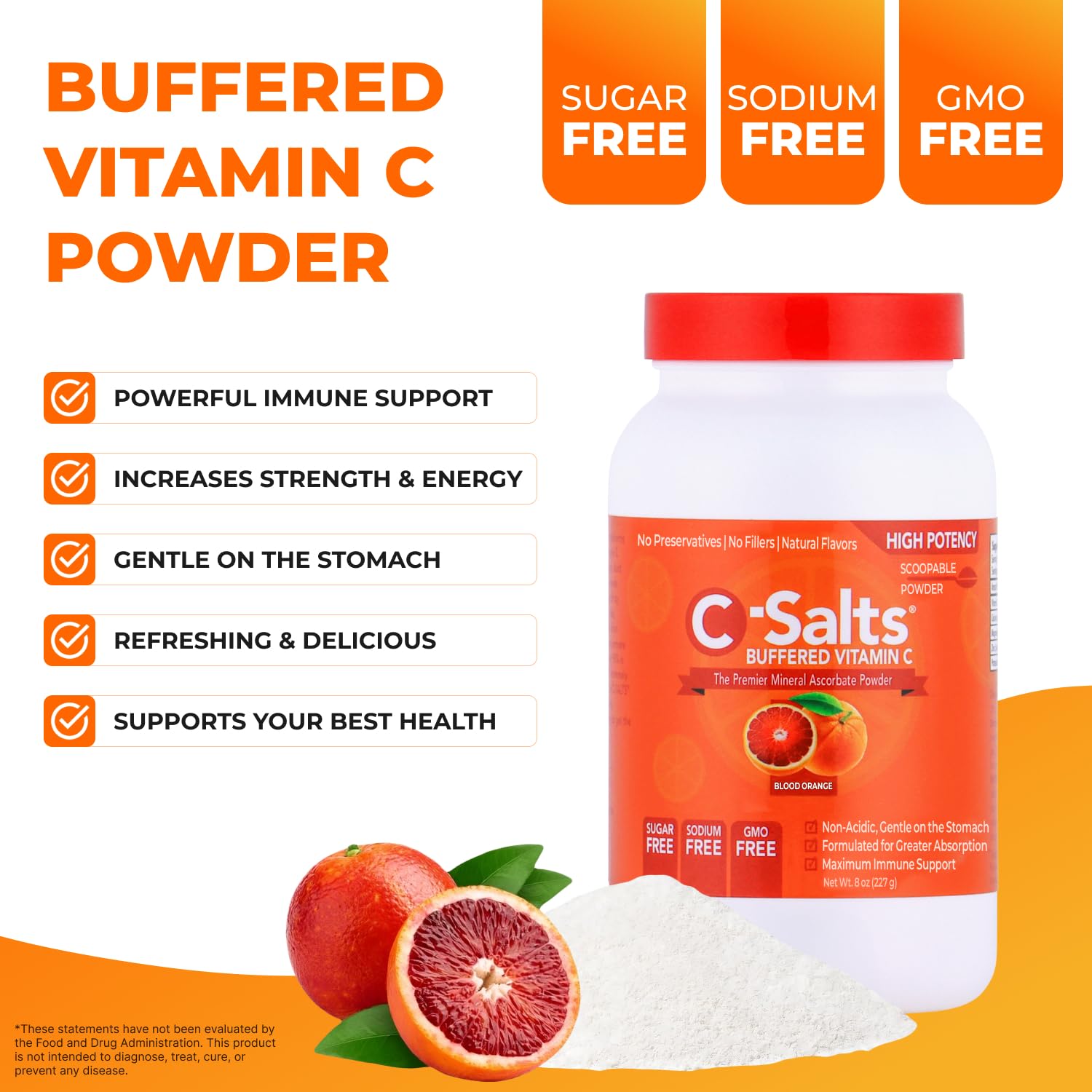 C-Salts Vitamin C Powder - Buffered Ascorbic Acid, Blood Orange, 26 oz | Immune Support (Sugar-Free, Vegan)