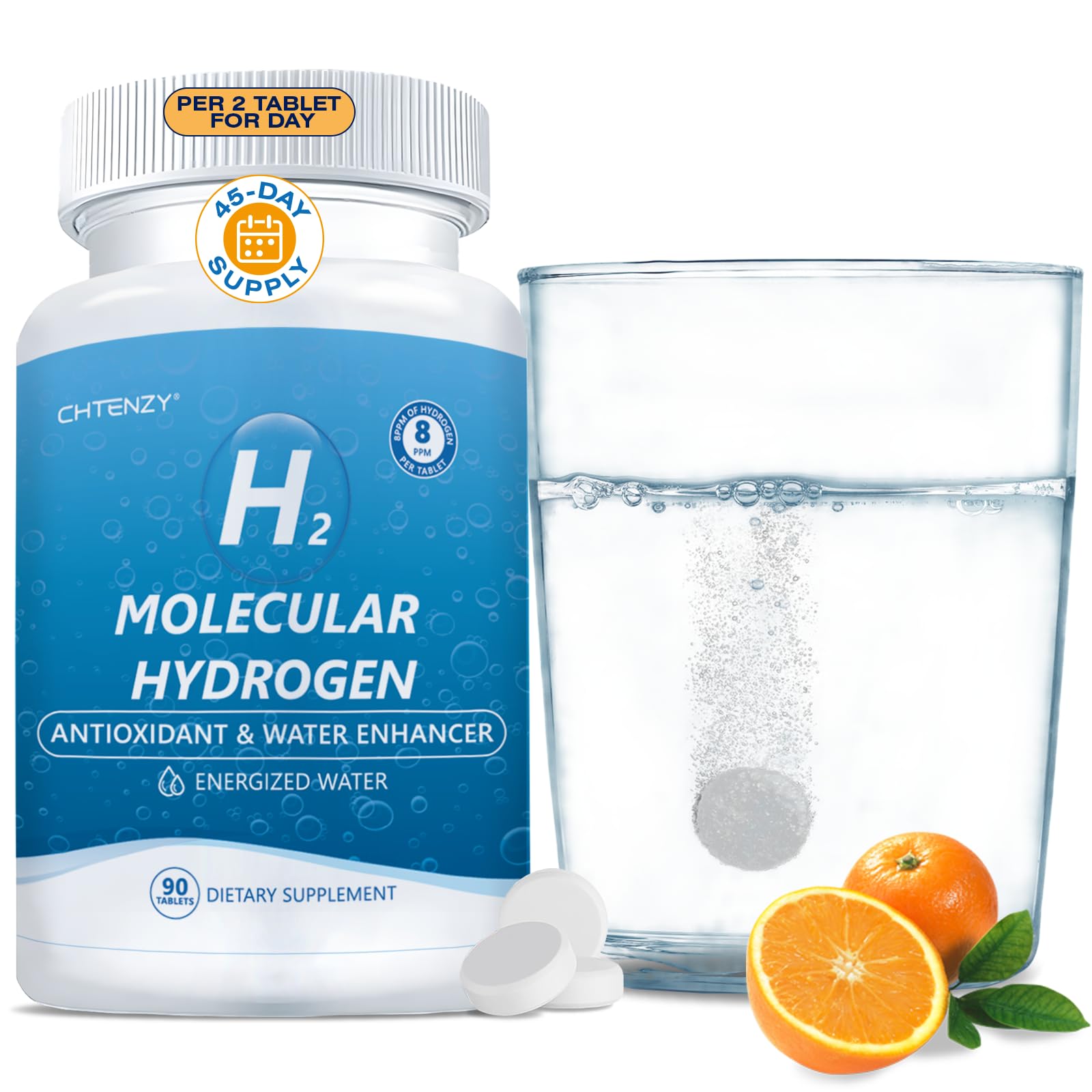 CHTENZY Hydrogen Water Tablets – 8PPM H2, Magnesium, Orange Flavor, 60 Count