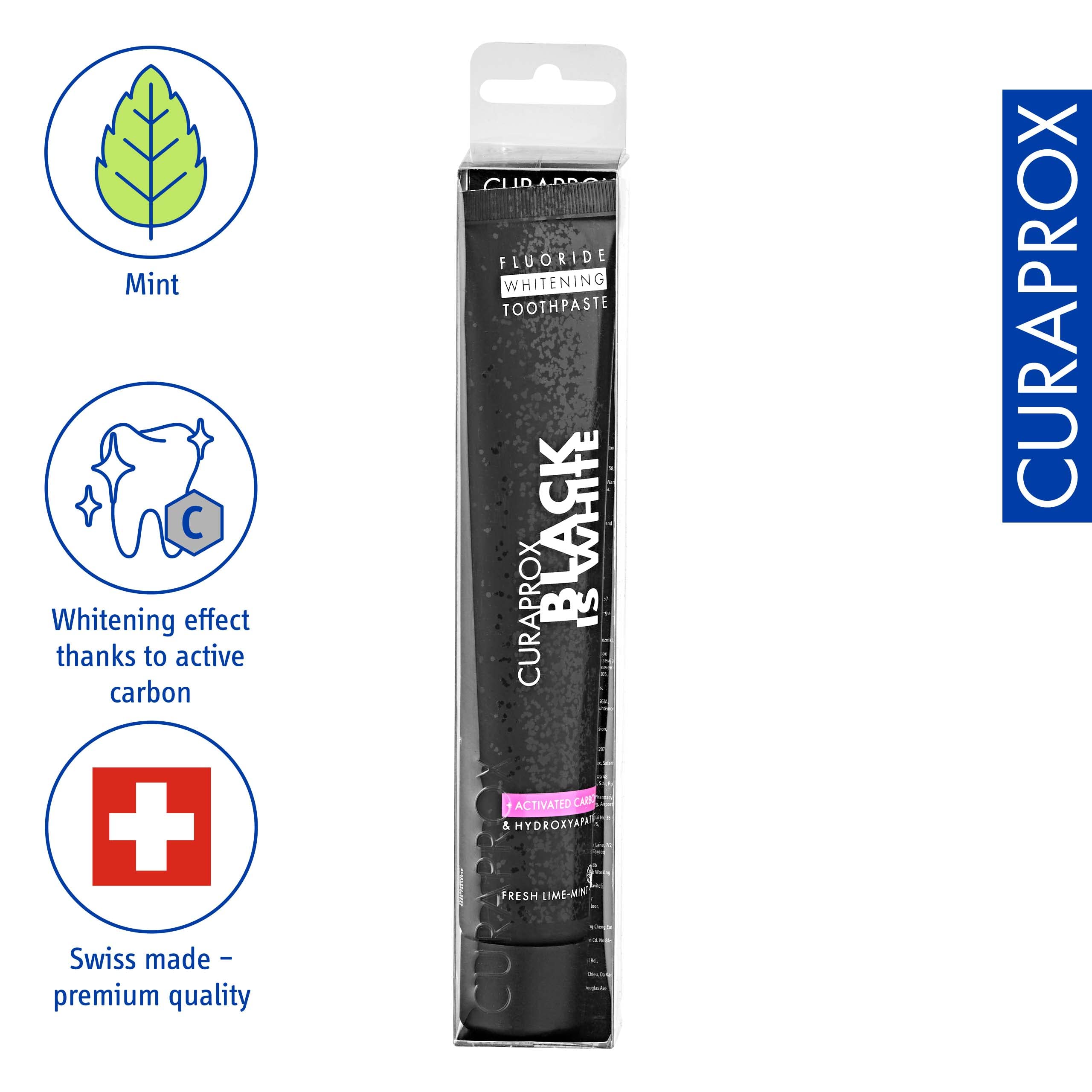 Curaprox Black is White Toothpaste – Charcoal Whitening with Fluoride | 90 ml
