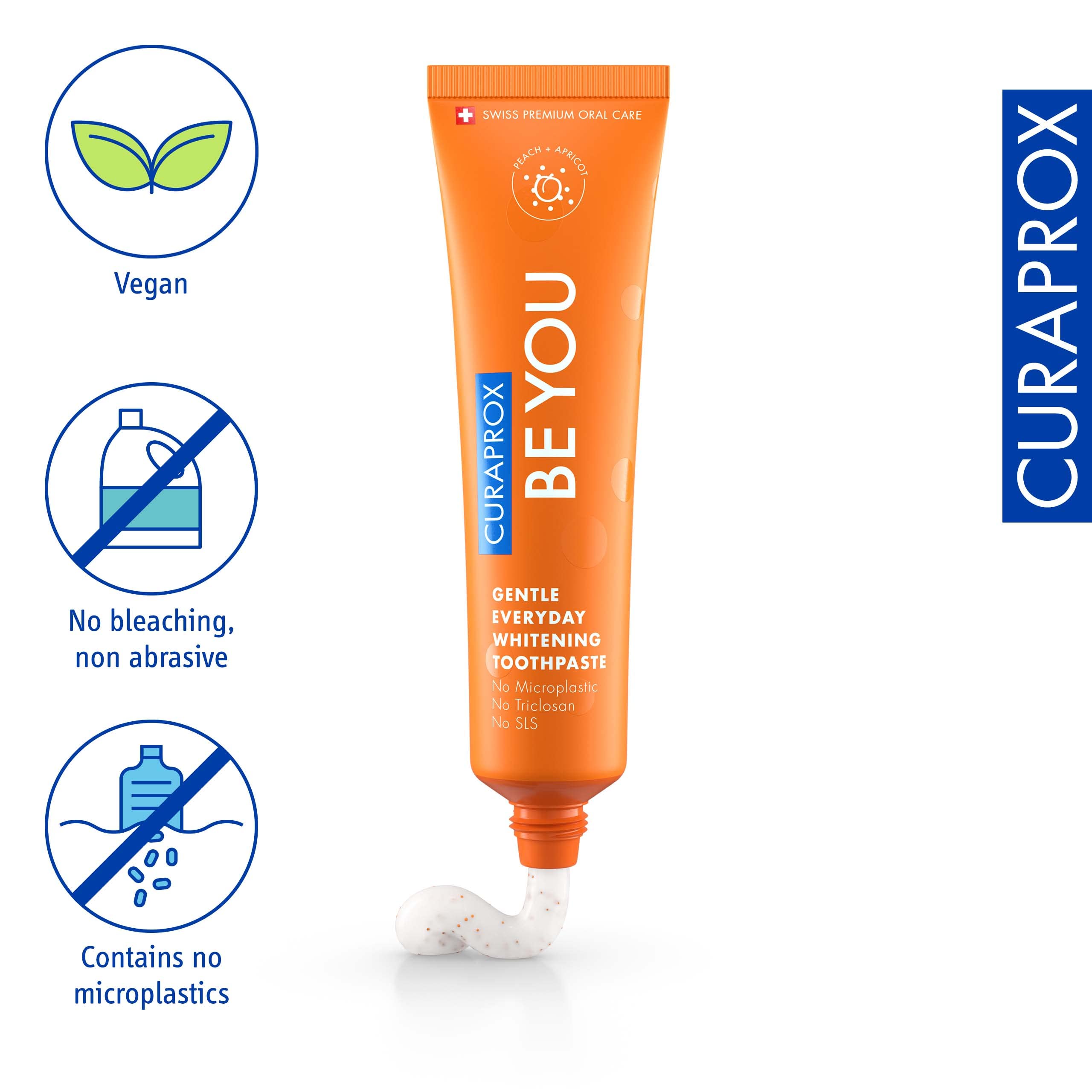 Curaprox Whitening Toothpaste – Fresh Breath & Gum Care | Enzymatic Formula, Peach & Apricot Flavor, 60ml | Vegan, SLS-Free, Fluoride 950ppm | Swiss Made