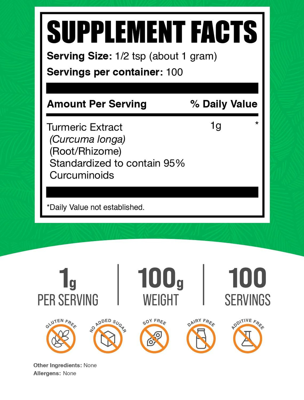 Turmeric Extract Powder — Gluten Free Turmeric Curcumin, 100g (3.5 oz) | 1g Serving | BulkSupplements.com