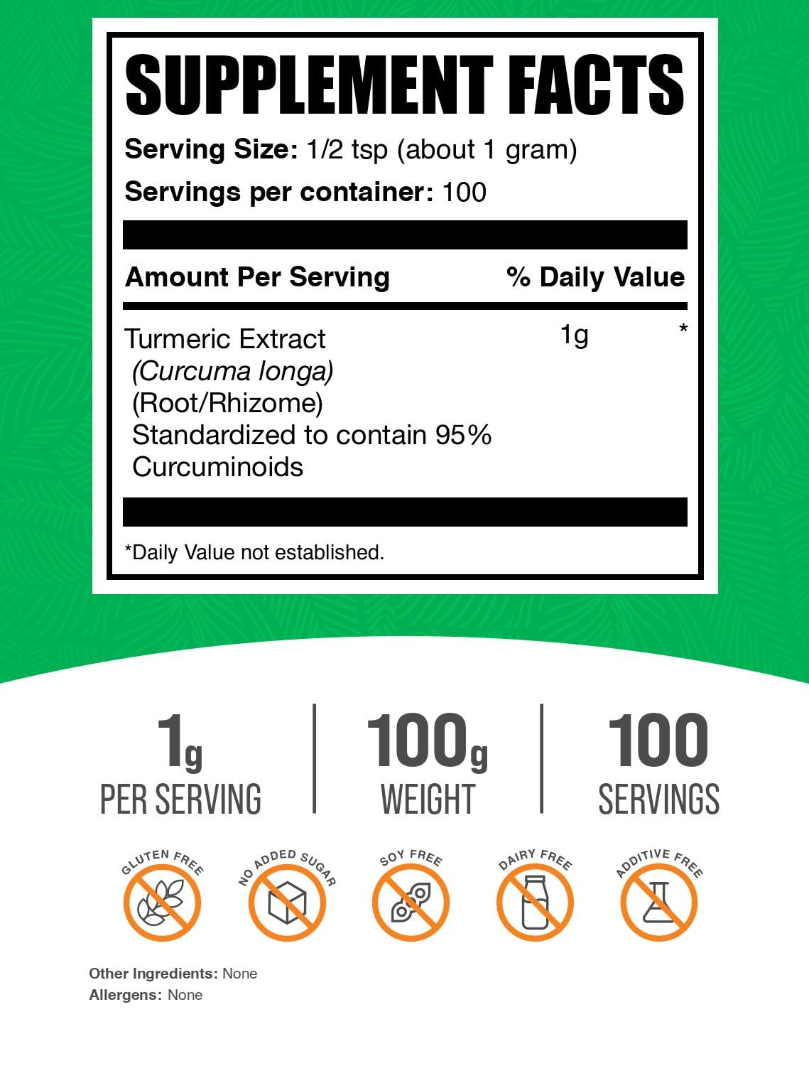 Turmeric Extract Powder — Gluten Free Turmeric Curcumin, 100g (3.5 oz) | 1g Serving | BulkSupplements.com