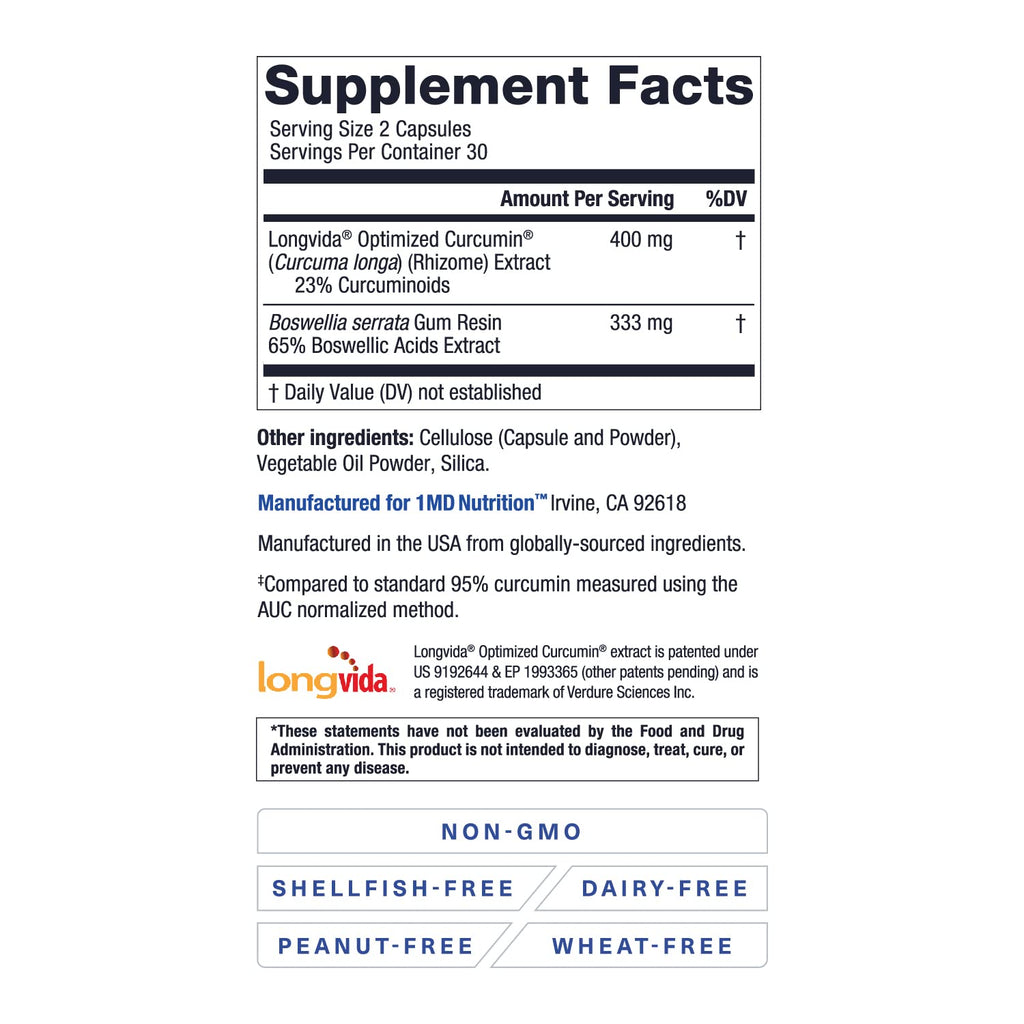 1MD Nutrition CurcuminMD Plus - Turmeric Curcumin with Boswellia Serrata, Highly Absorbable | Joint Support & Recovery | 120 Capsules (2-Pack)