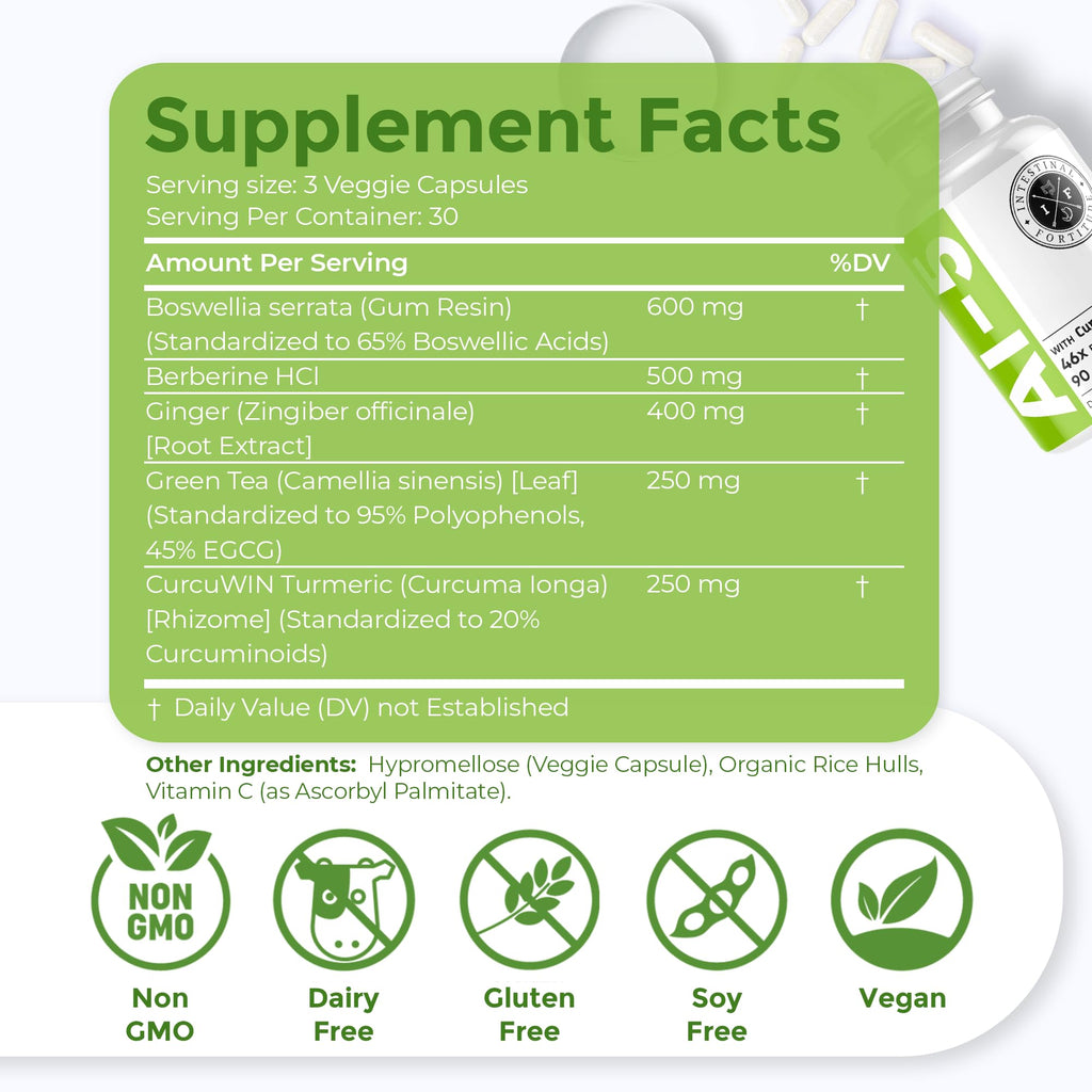 Intestinal Fortitude AI-5 Digestive Capsule with CurcuWIN, Turmeric & Ginger – Gut Support (Non-GMO, Dairy Free)