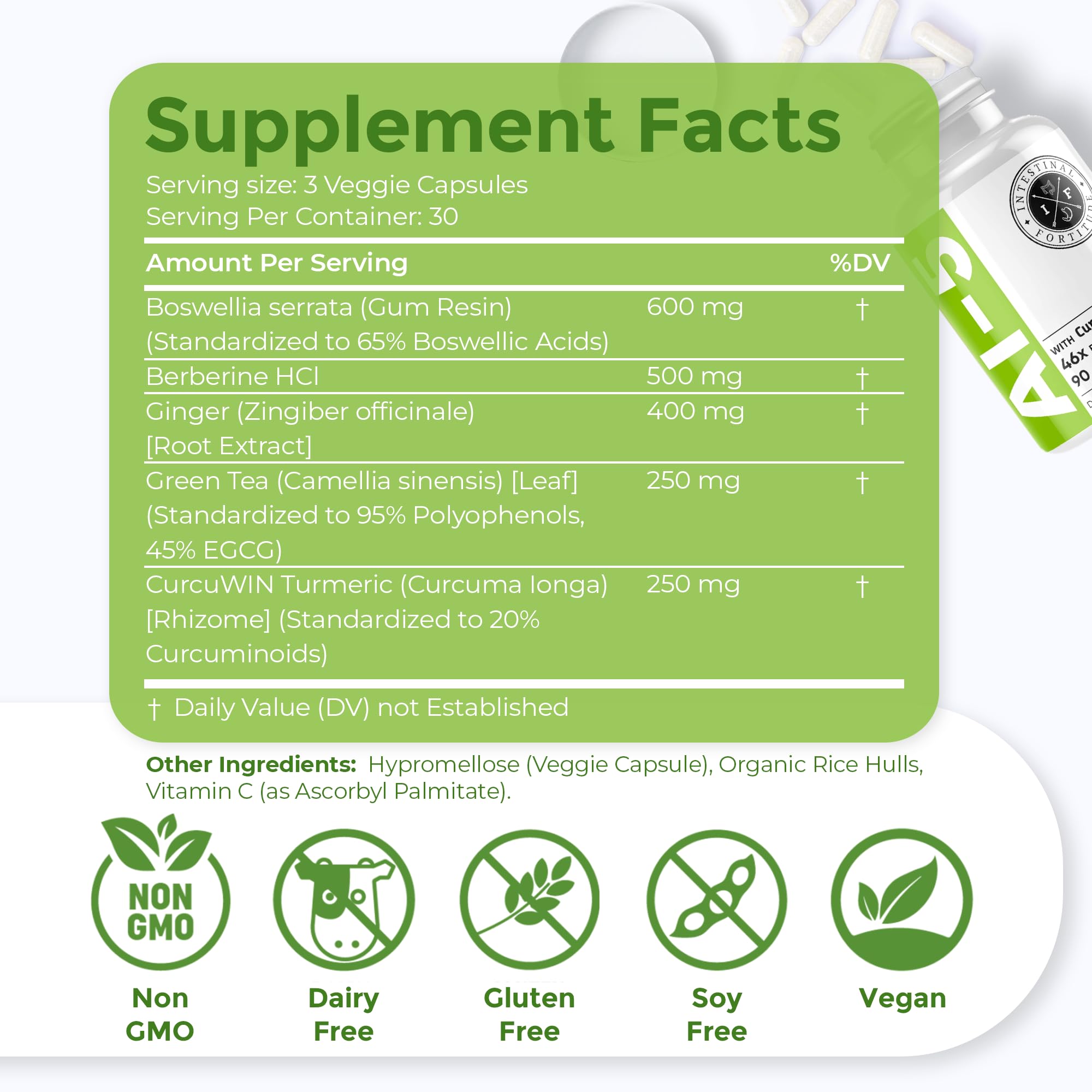 Intestinal Fortitude AI-5 Digestive Capsule with CurcuWIN, Turmeric & Ginger – Gut Support (Non-GMO, Dairy Free)