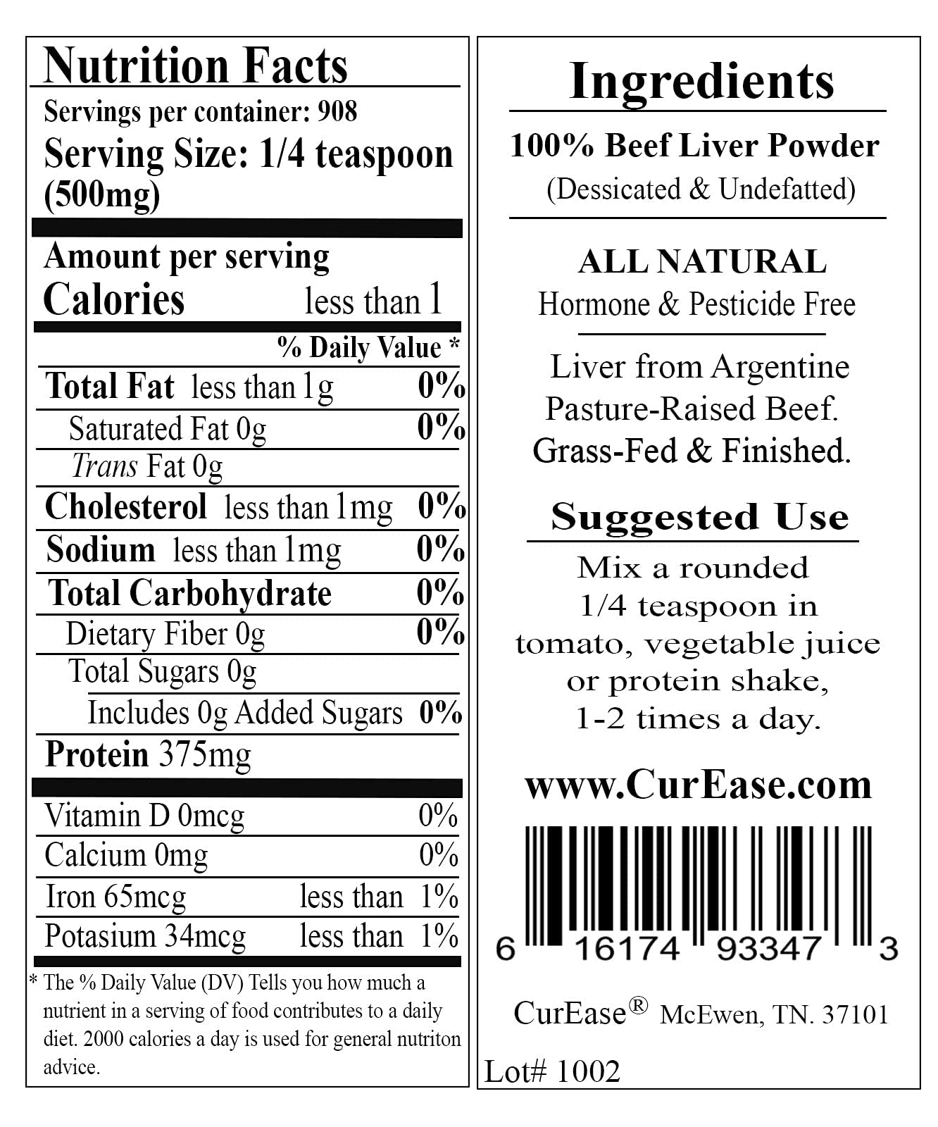 CurEase Argentine Grass-Fed Beef Liver Powder - Undefatted Desiccated 1 lb