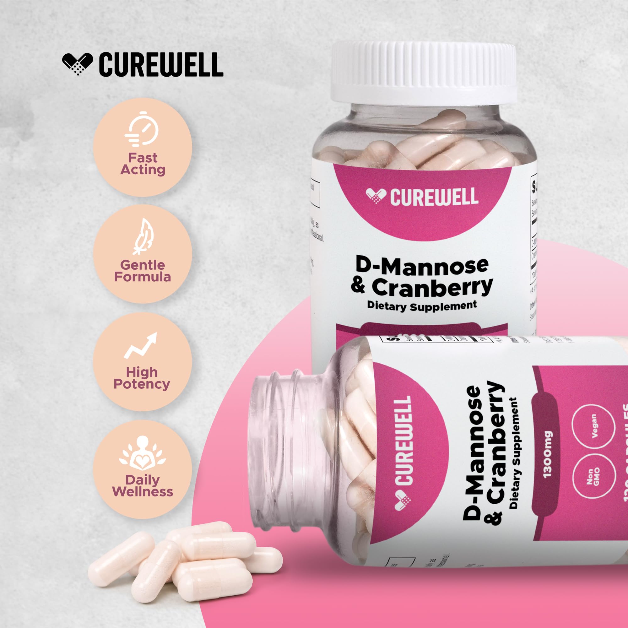 CUREWELL D-Mannose & Cranberry 1300mg | 120 Capsules | Vegan & Non-GMO UTI Support
