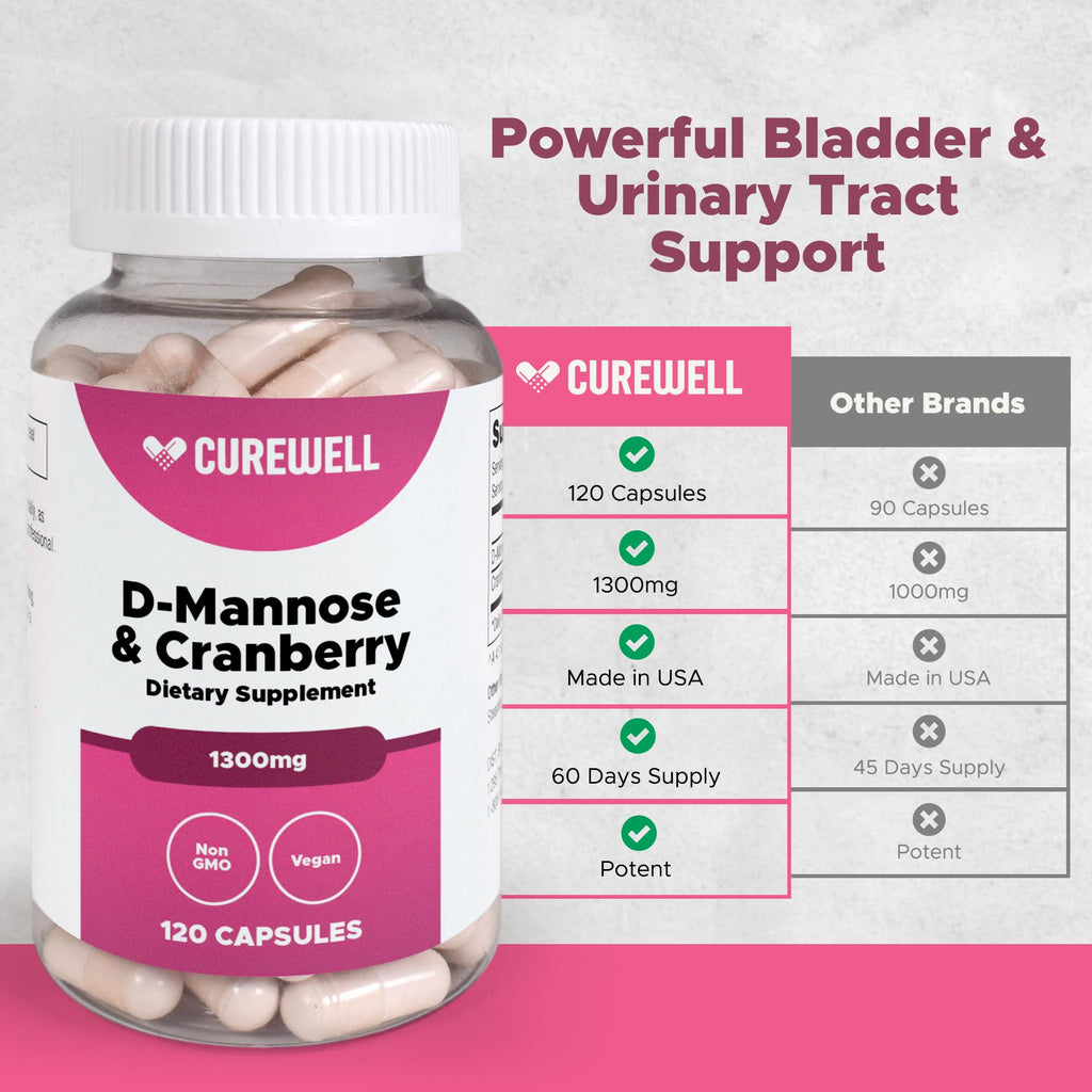 CUREWELL D-Mannose & Cranberry 1300mg | 120 Capsules | Vegan & Non-GMO UTI Support