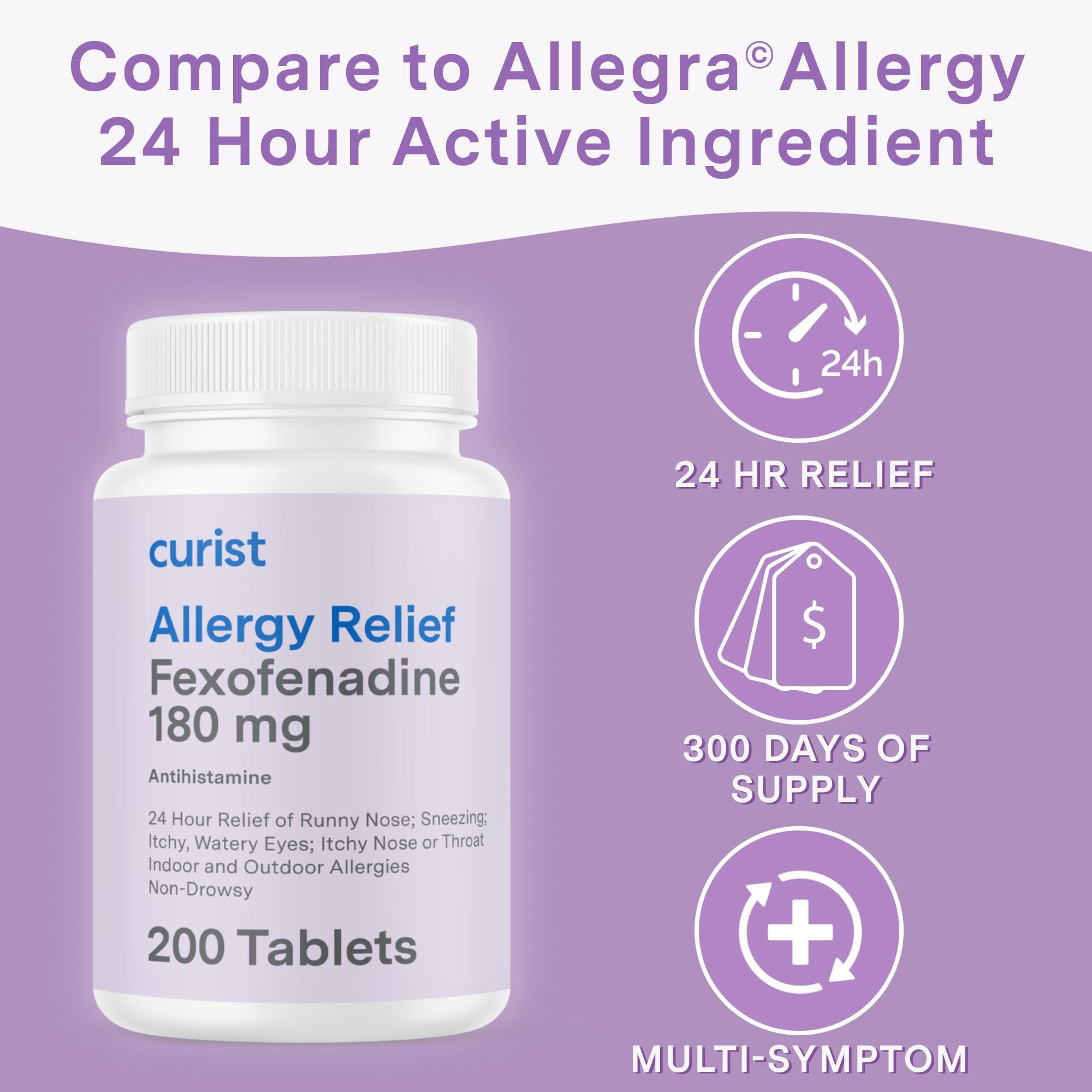 Curist Fexofenadine 180mg (200 Tablets) Non-Drowsy Allergy Relief — 24-Hour All-Day Comfort