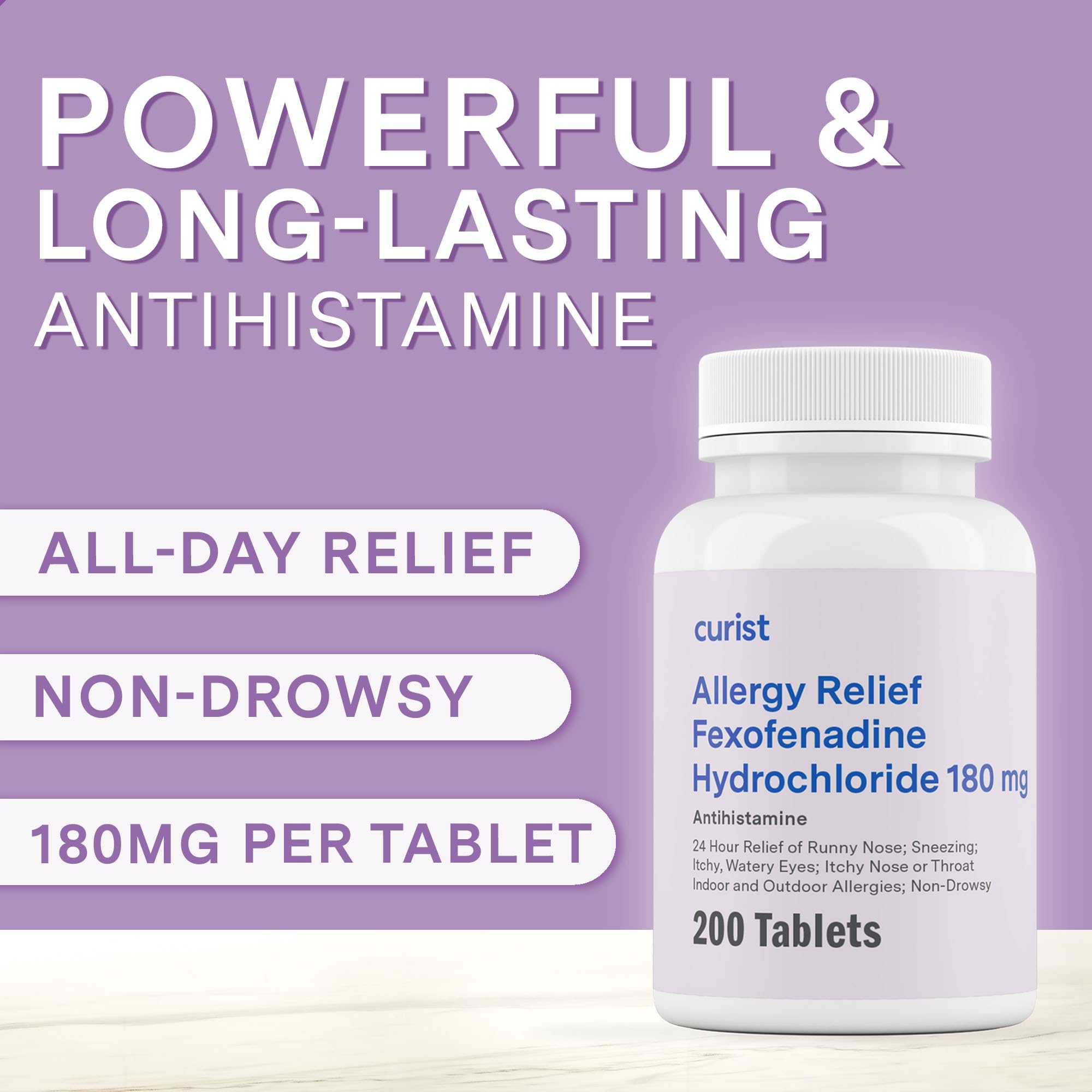 Curist Fexofenadine 180mg (200 Tablets) Non-Drowsy Allergy Relief — 24-Hour All-Day Comfort