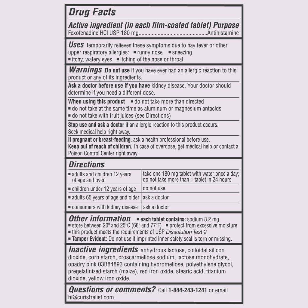 Curist Fexofenadine 180mg (200 Tablets) Non-Drowsy Allergy Relief — 24-Hour All-Day Comfort