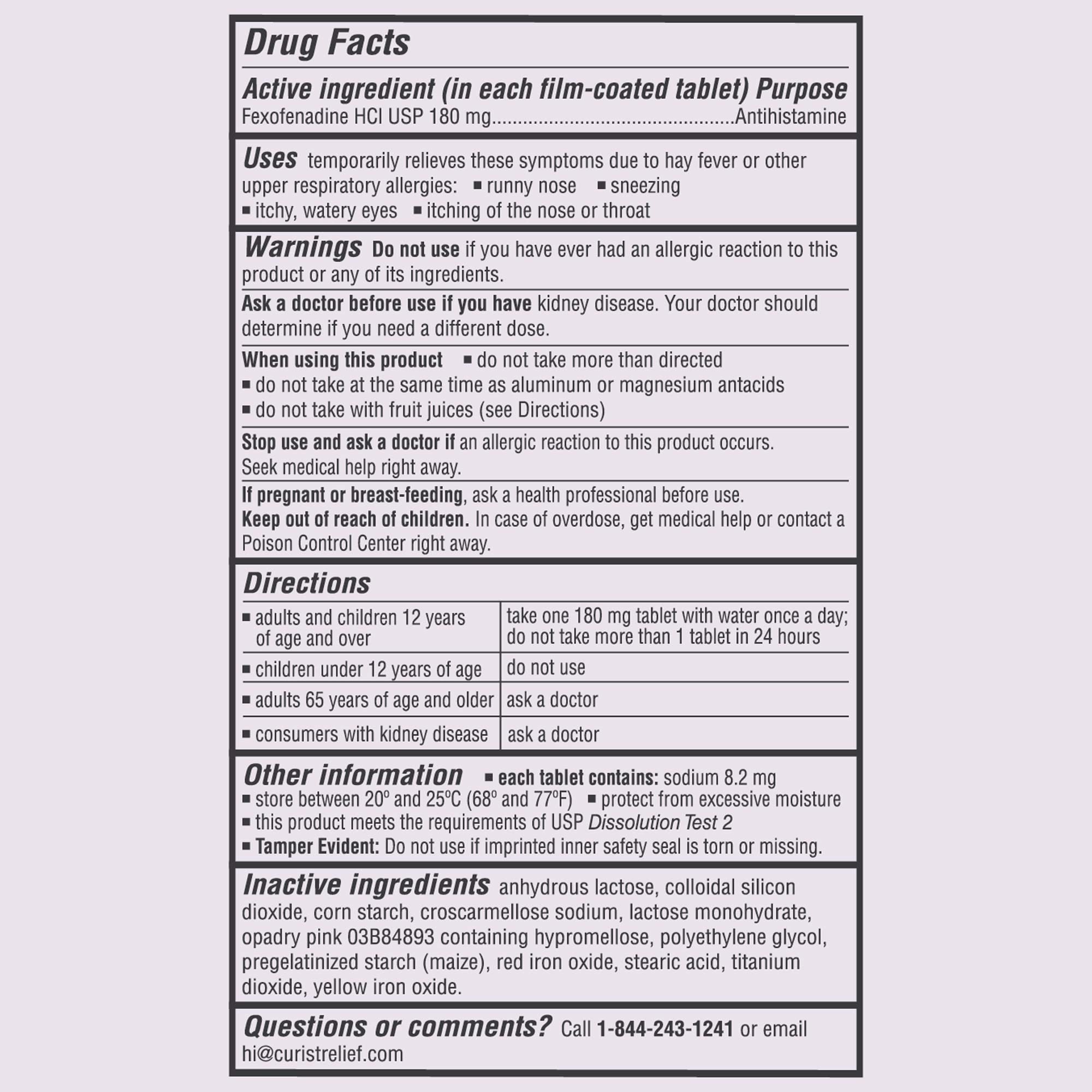 Curist Fexofenadine 180mg (200 Tablets) Non-Drowsy Allergy Relief — 24-Hour All-Day Comfort