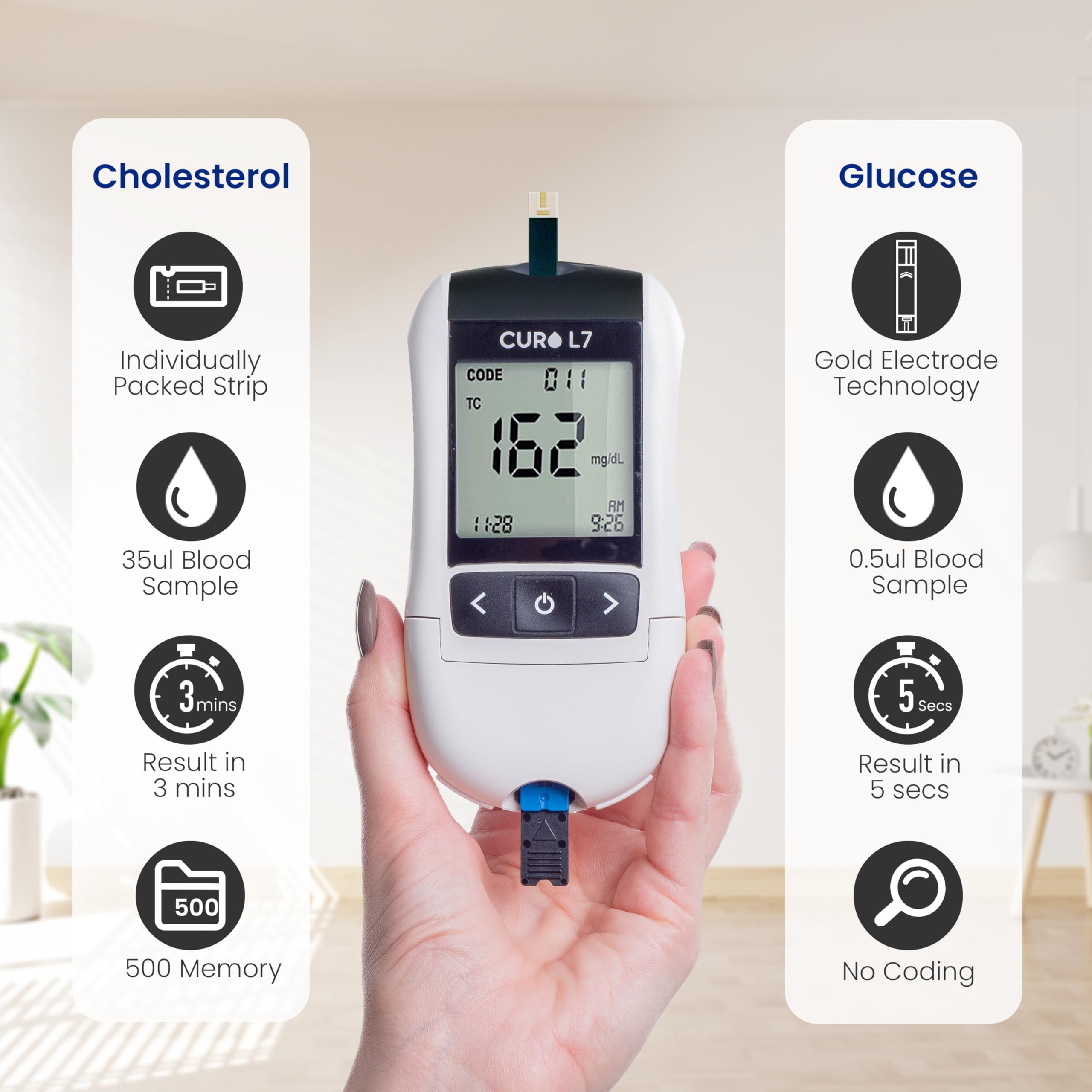 CURO L7 Portable Cholesterol & Glucose Testing Kit – 6-in-1 Lipid Panel