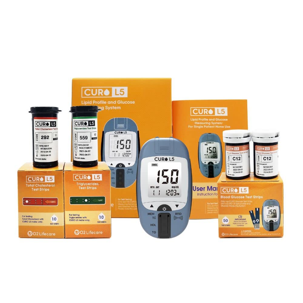 CUROFIT Home Cholesterol Test Kit with CURO L5 Digital Meter – 10 Total Cholesterol, 10 Triglycerides, 50 Glucose Strips