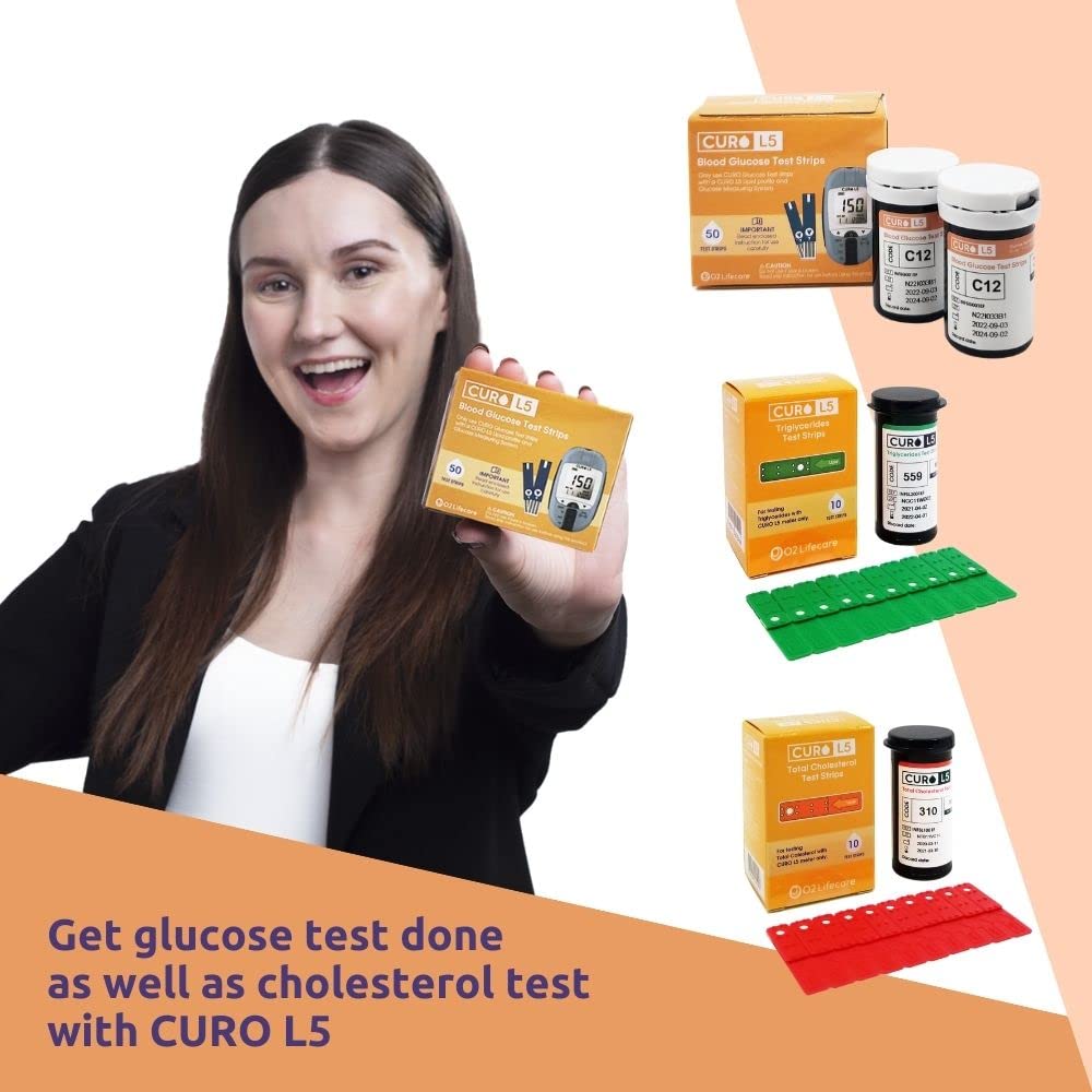 CUROFIT Home Cholesterol Test Kit with CURO L5 Digital Meter – 10 Total Cholesterol, 10 Triglycerides, 50 Glucose Strips