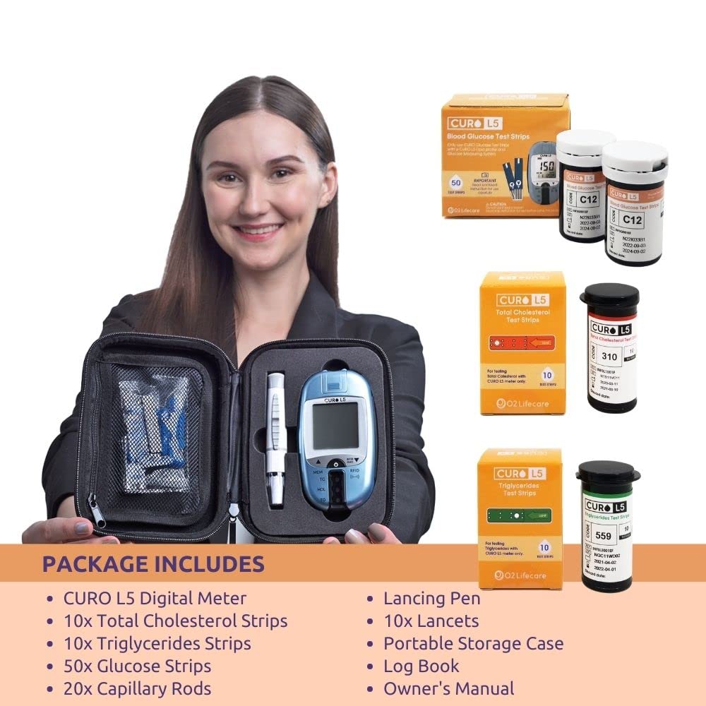 CUROFIT Home Cholesterol Test Kit with CURO L5 Digital Meter – 10 Total Cholesterol, 10 Triglycerides, 50 Glucose Strips