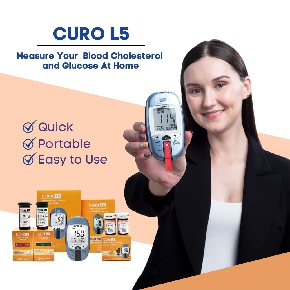 CUROFIT Home Cholesterol Test Kit with CURO L5 Digital Meter – 10 Total Cholesterol, 10 Triglycerides, 50 Glucose Strips