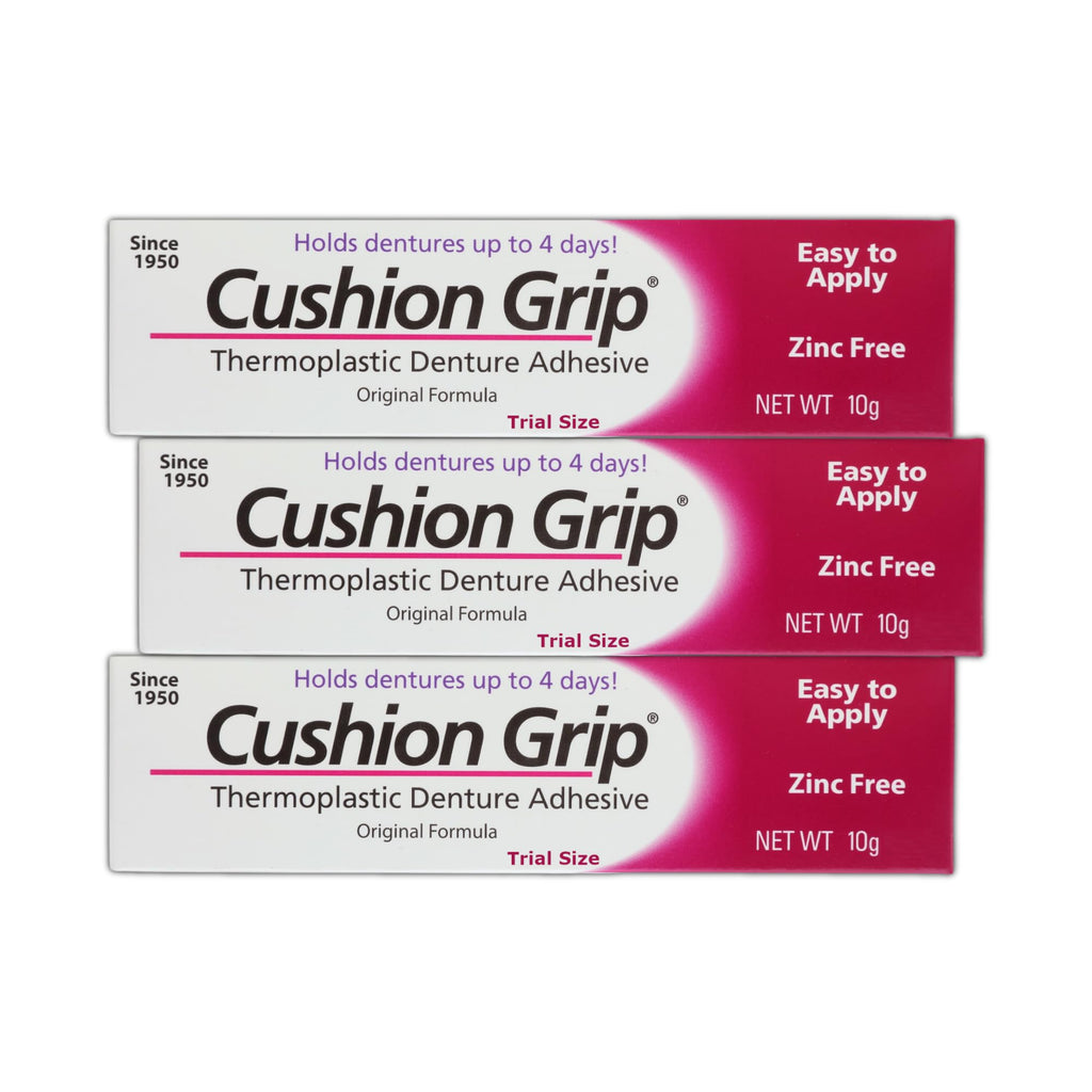 Cushion Grip Thermoplastic Denture Adhesive – 0.35 oz Travel Size (3 Pack) | Up to 4 Days Hold