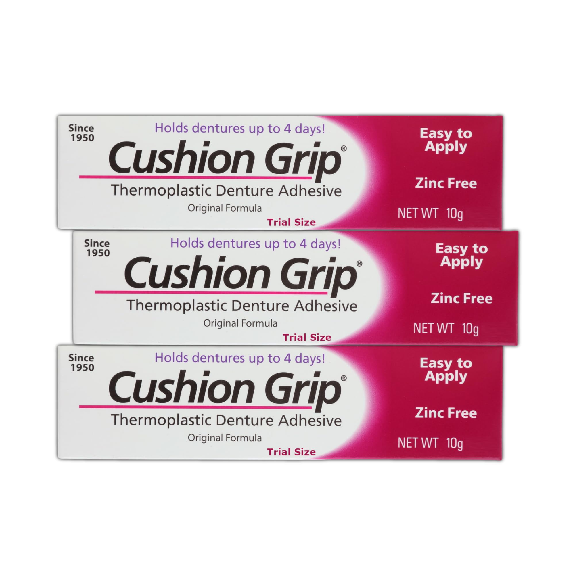 Cushion Grip Thermoplastic Denture Adhesive – 0.35 oz Travel Size (3 Pack) | Up to 4 Days Hold