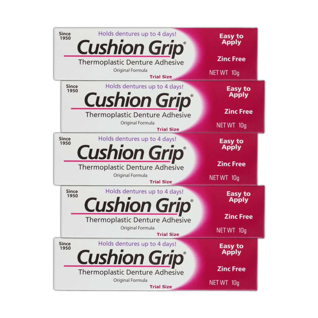 Cushion Grip Denture Adhesive 0.35 oz Travel Size (5-Pack) – Up to 4 Days, Zinc-Free, Waterproof