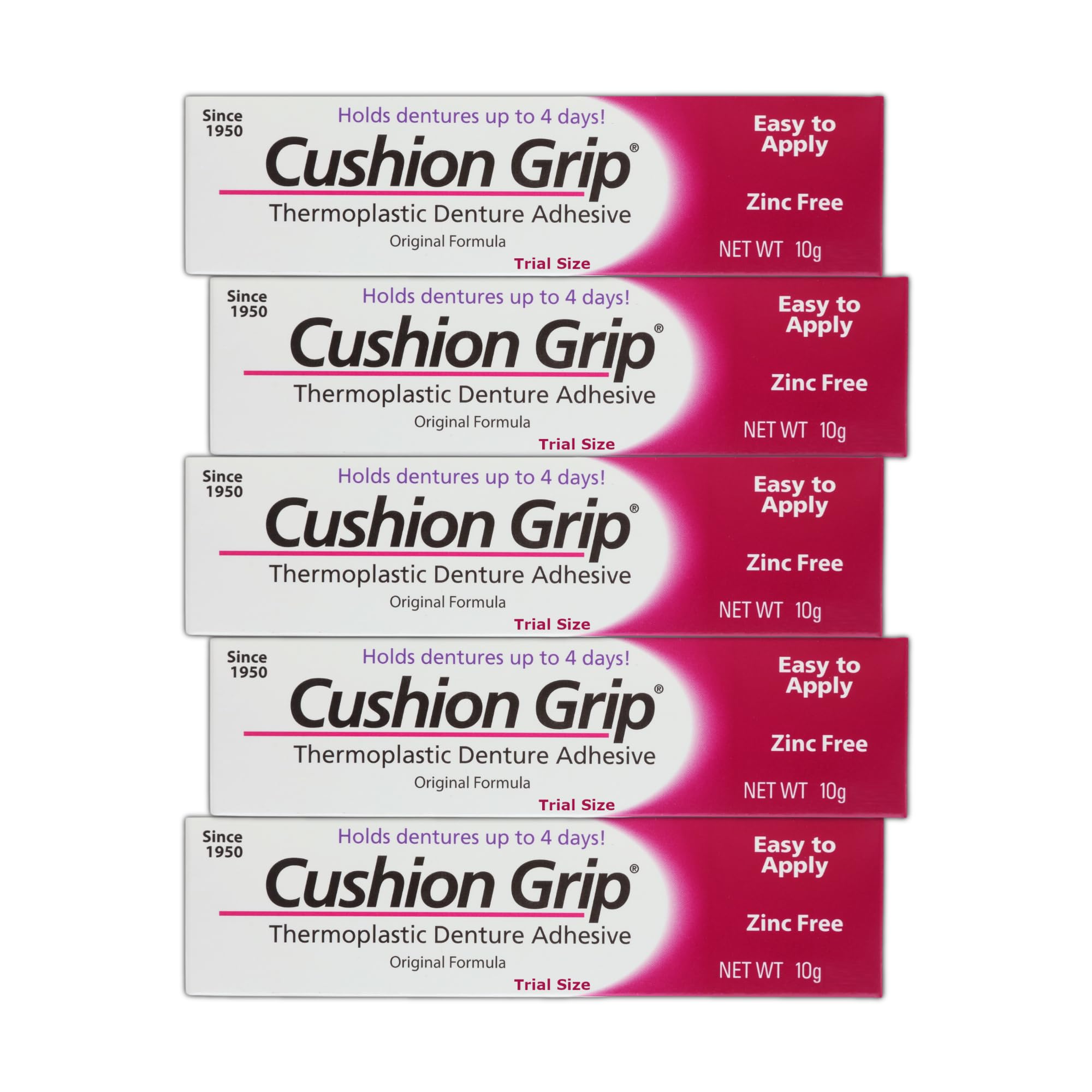Cushion Grip Denture Adhesive 0.35 oz Travel Size (5-Pack) – Up to 4 Days, Zinc-Free, Waterproof