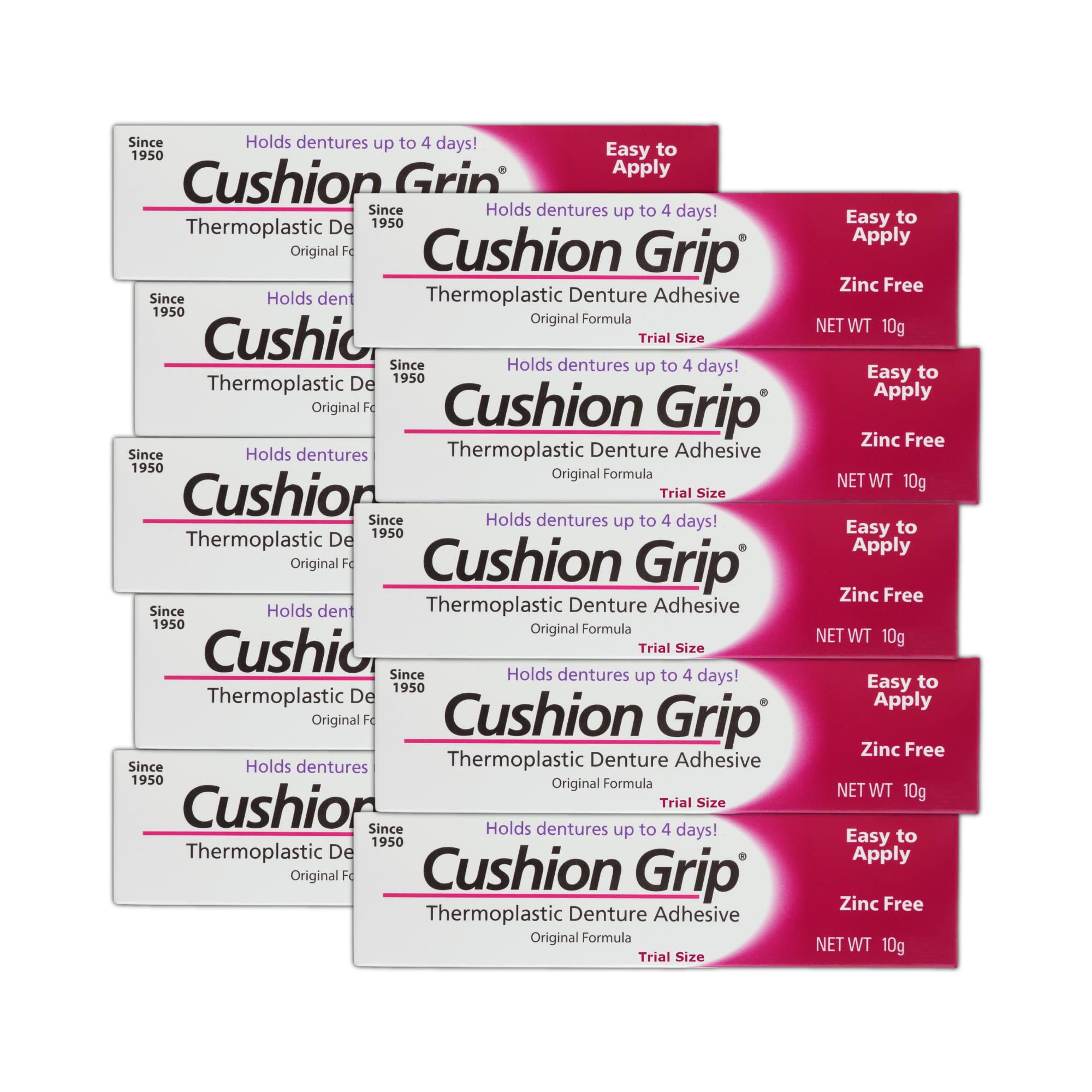 Cushion Grip Thermoplastic Denture Adhesive – Travel Size 0.35 oz (Pack of 10) | Up to 4 Days Hold