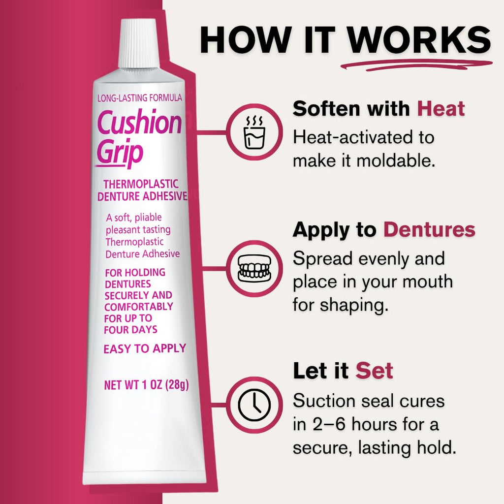 Cushion Grip Thermoplastic Denture Adhesive, 1 oz (Pack 3) | 4 Day Hold