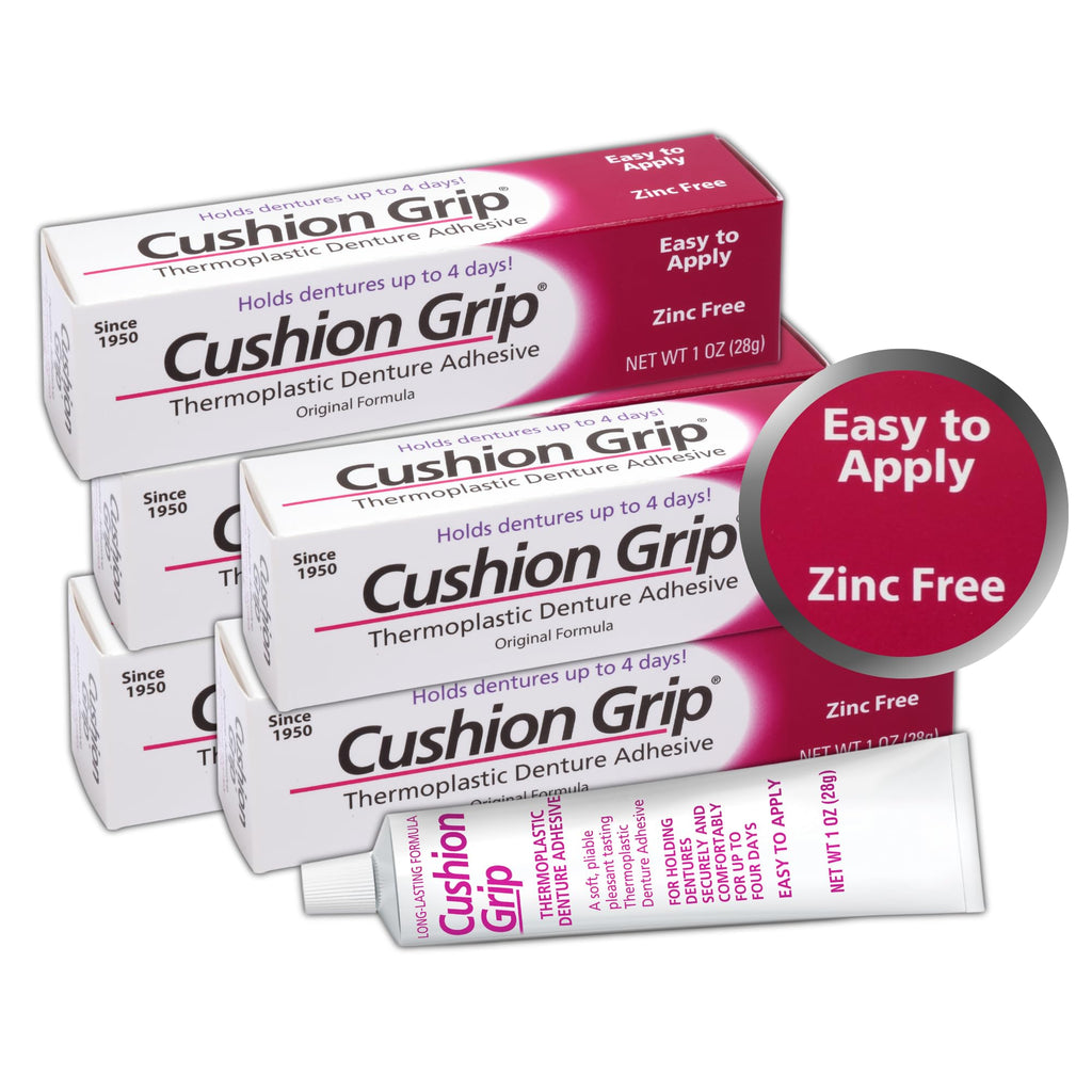 Cushion Grip Thermoplastic Denture Adhesive 1oz (5 Pack) - Extra Strong Hold Up to 4 Days