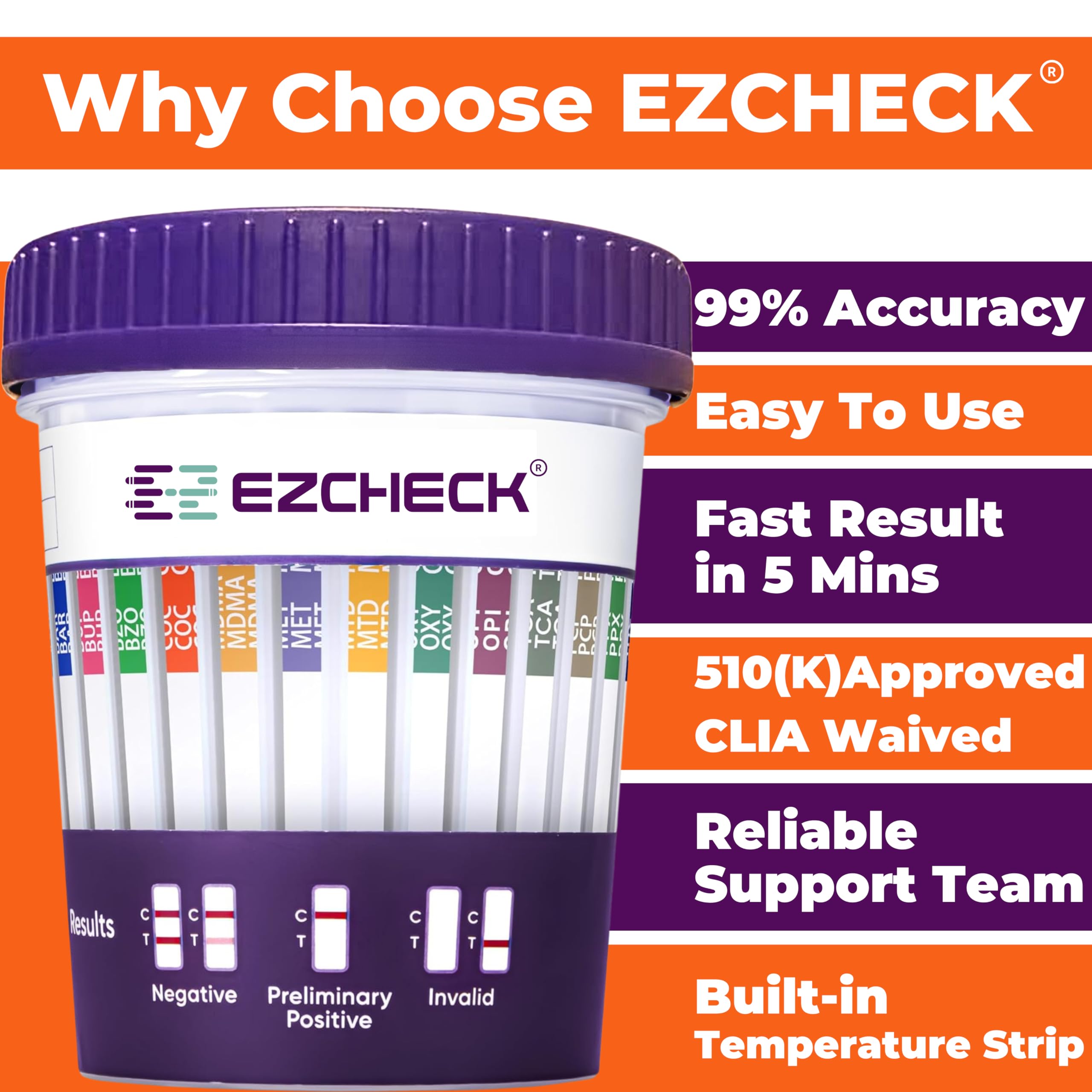 5 Test Cups 14-Panel EZCHECK Urine Test Cup – At-Home Drug Test, 14 Substances, 5-Min Results