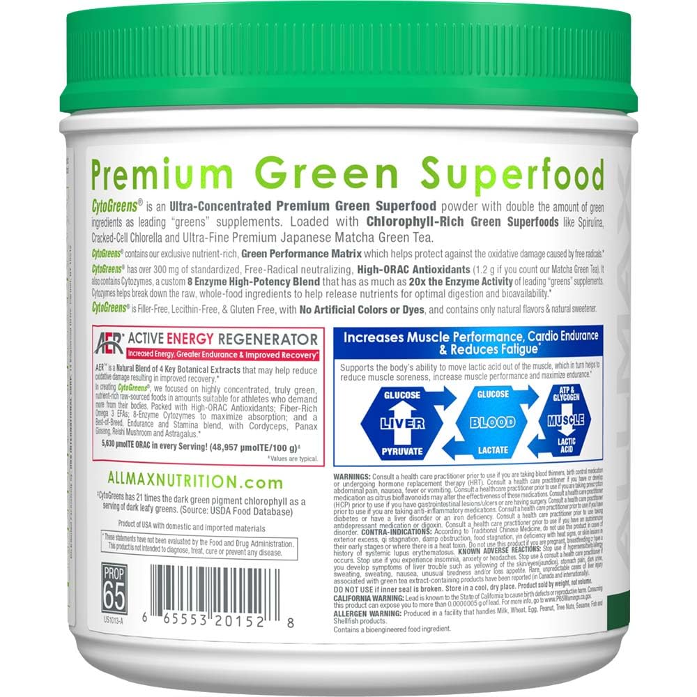AllMax Naturals CYTO-Greens Premium Green Superfood – Acai Berry Green Tea, 60 Servings