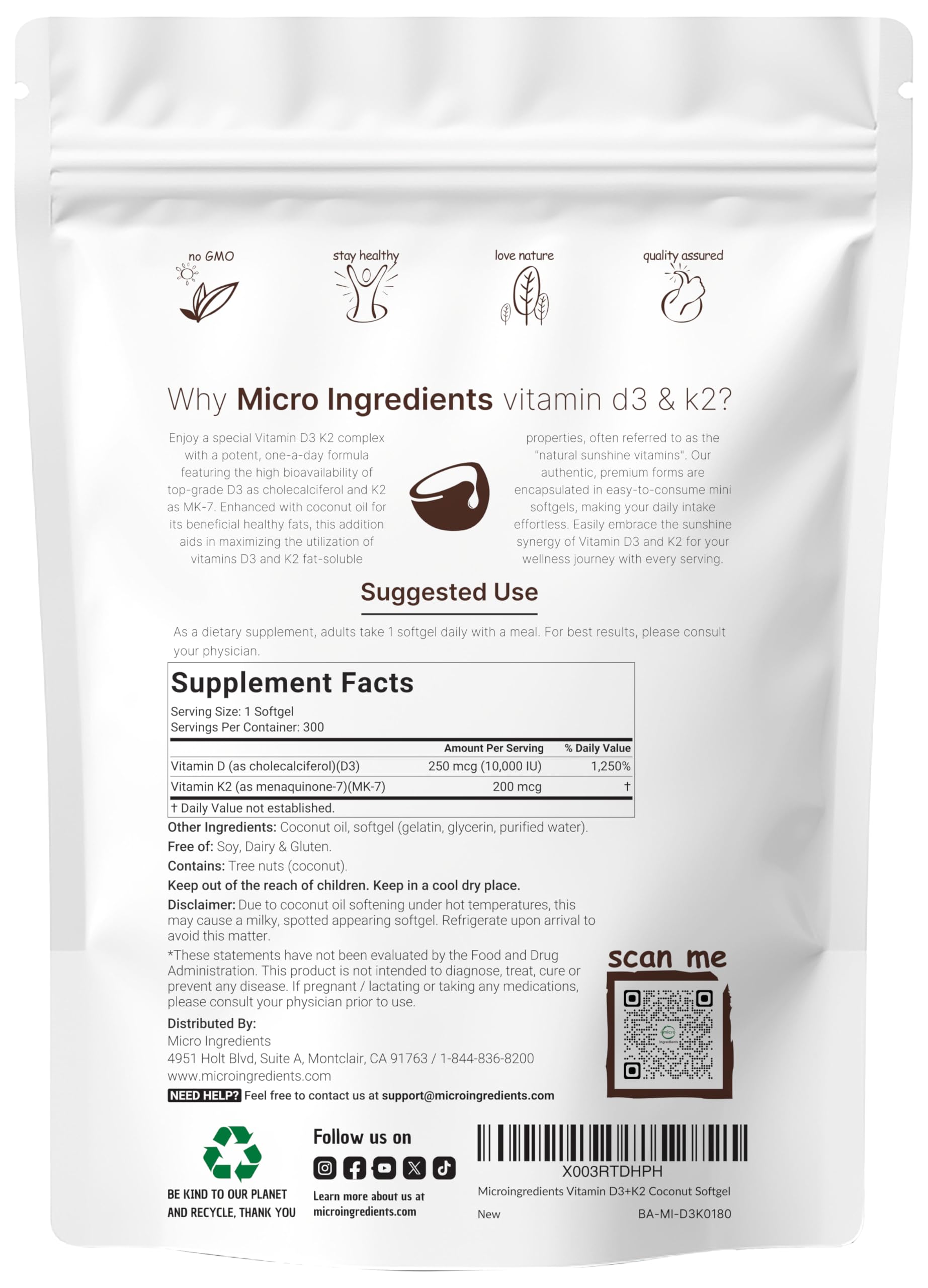Micro Ingredients Vitamin D3 10,000 IU + K2 MK-7 200 mcg | 300 Softgels, D3 & K2 Complex