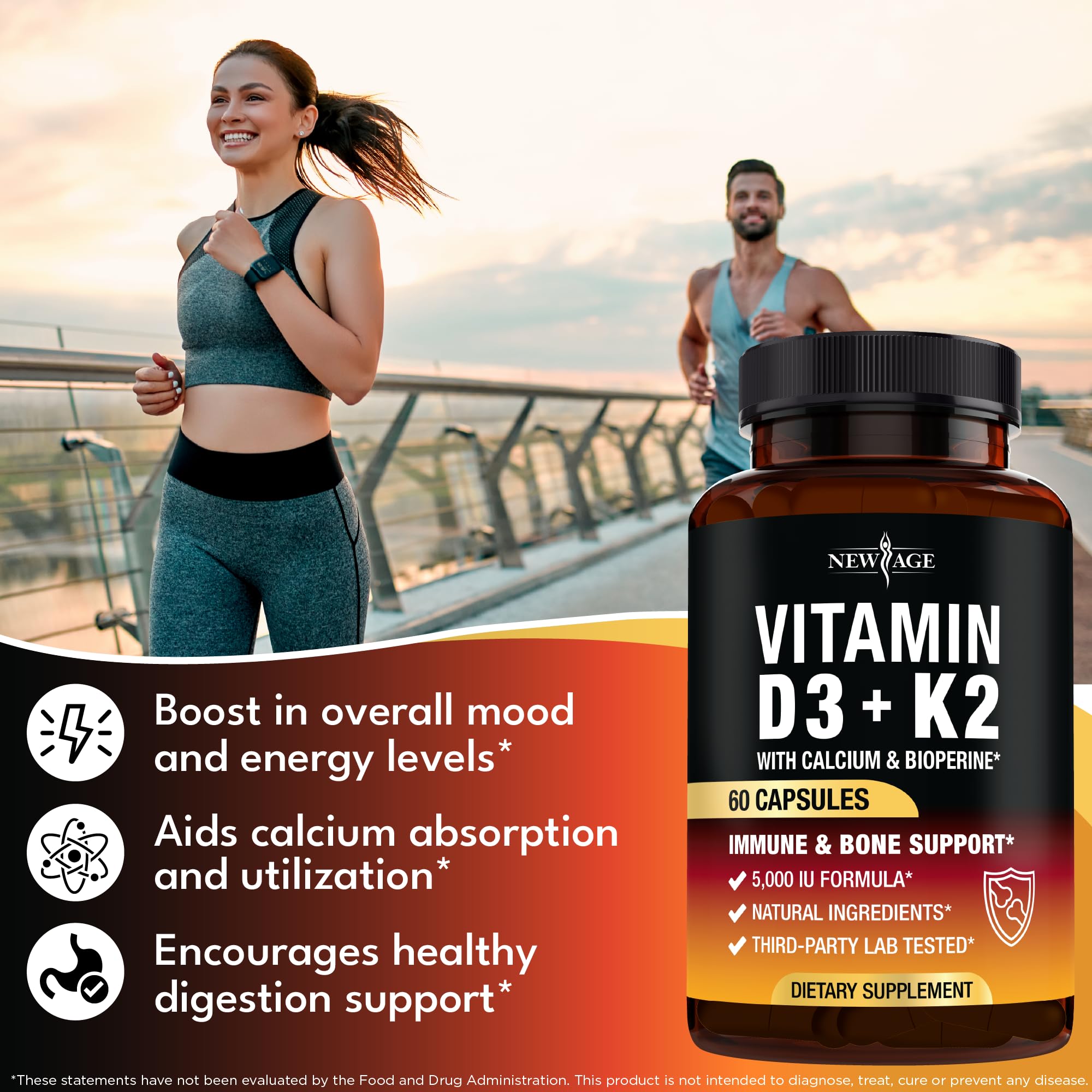 Vitamin D3 5000 IU + K2 MK-7 100 mcg - 2-in-1 Bone, Immune & Heart Support