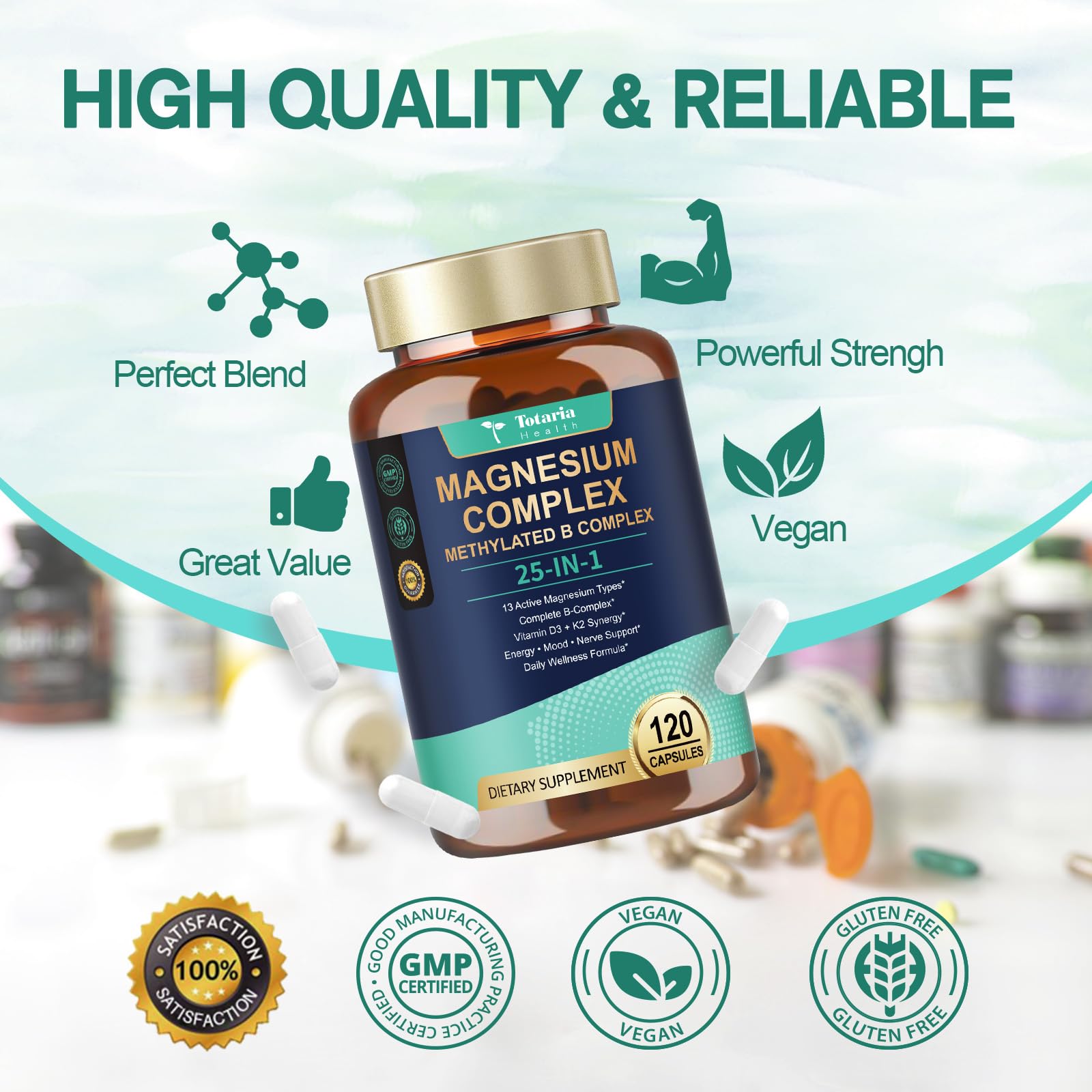 25-in-1 Magnesium Complex with Methylated B-Complex – 120 Vegan Caps | Totaria