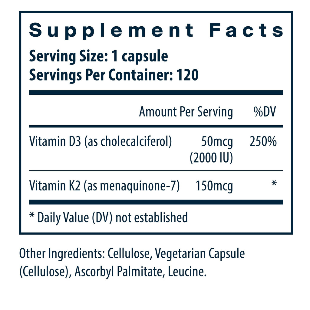 Vital Nutrients Vitamin D3 + K2 2000 IU — Bone & Muscle Support | 120 Capsules