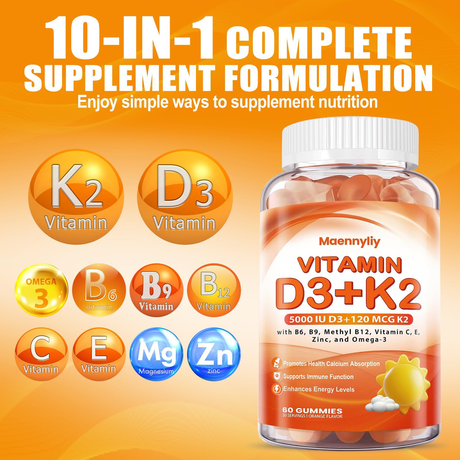 Vitamin D3 K2 Gummies for Adults – 5000IU D3 + 120mcg MK-7 K2 | Sugar-Free, Omega-3 & B Vitamins