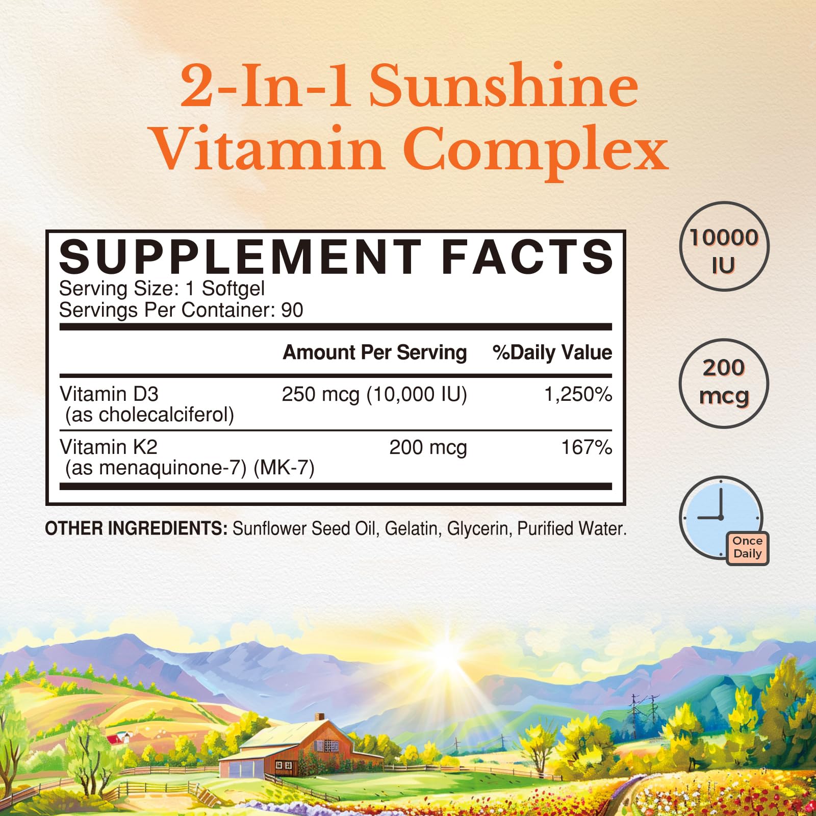 Vitalitown Vitamin D3 K2 Supplement - 10000 IU D3, 200 mcg MK-7, 90 Softgels