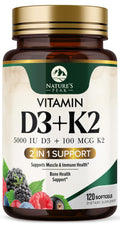 D3 K2 Vitamin 5000 IU - 2-in-1 D3 + MK-7 (100 mcg) Softgels | USA Made, Gluten Free