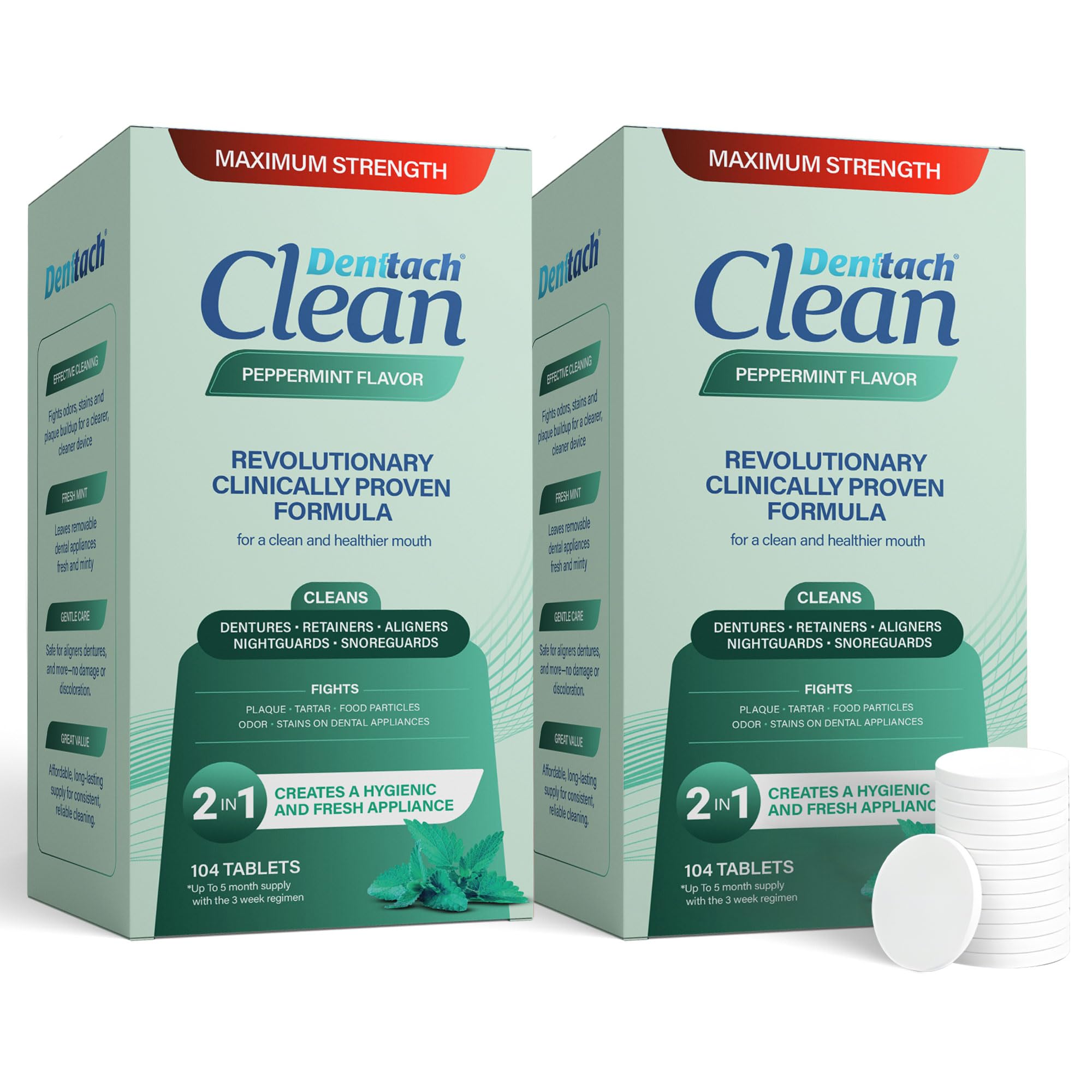 Denttach Clean Retainer & Denture Cleaner Tablets – Maximum Strength Peppermint, 208 Count (2x104)