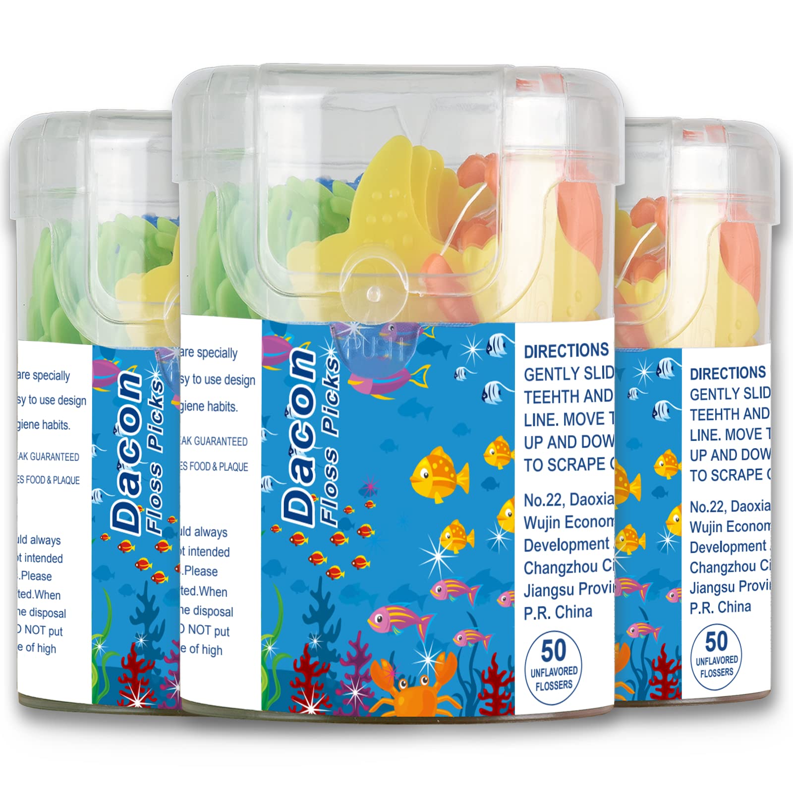 Dacon Kids Flossers – Fluoride-Free Unflavored Dental Floss Picks, 4 Ocean Animal Shapes (50 Count Pack of 3)