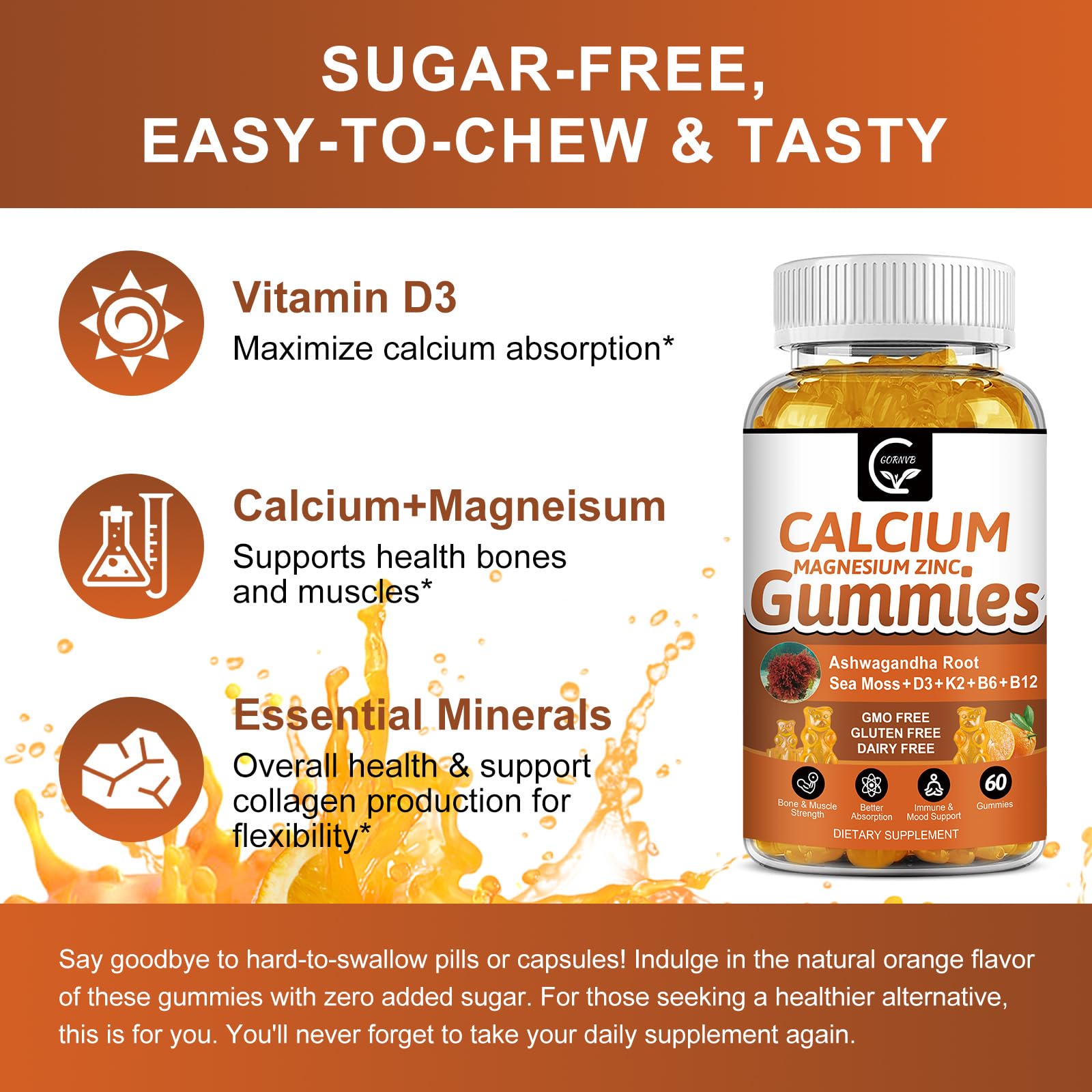 1200mg Calcium Gummies with D3, K2, B12 & B6 – Plant Calcium Magnesium | 2-Pack