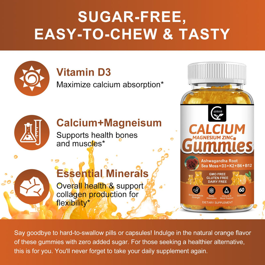 1200mg Calcium Gummies with D3, K2, B12 & B6 – Plant Calcium Magnesium | 2-Pack