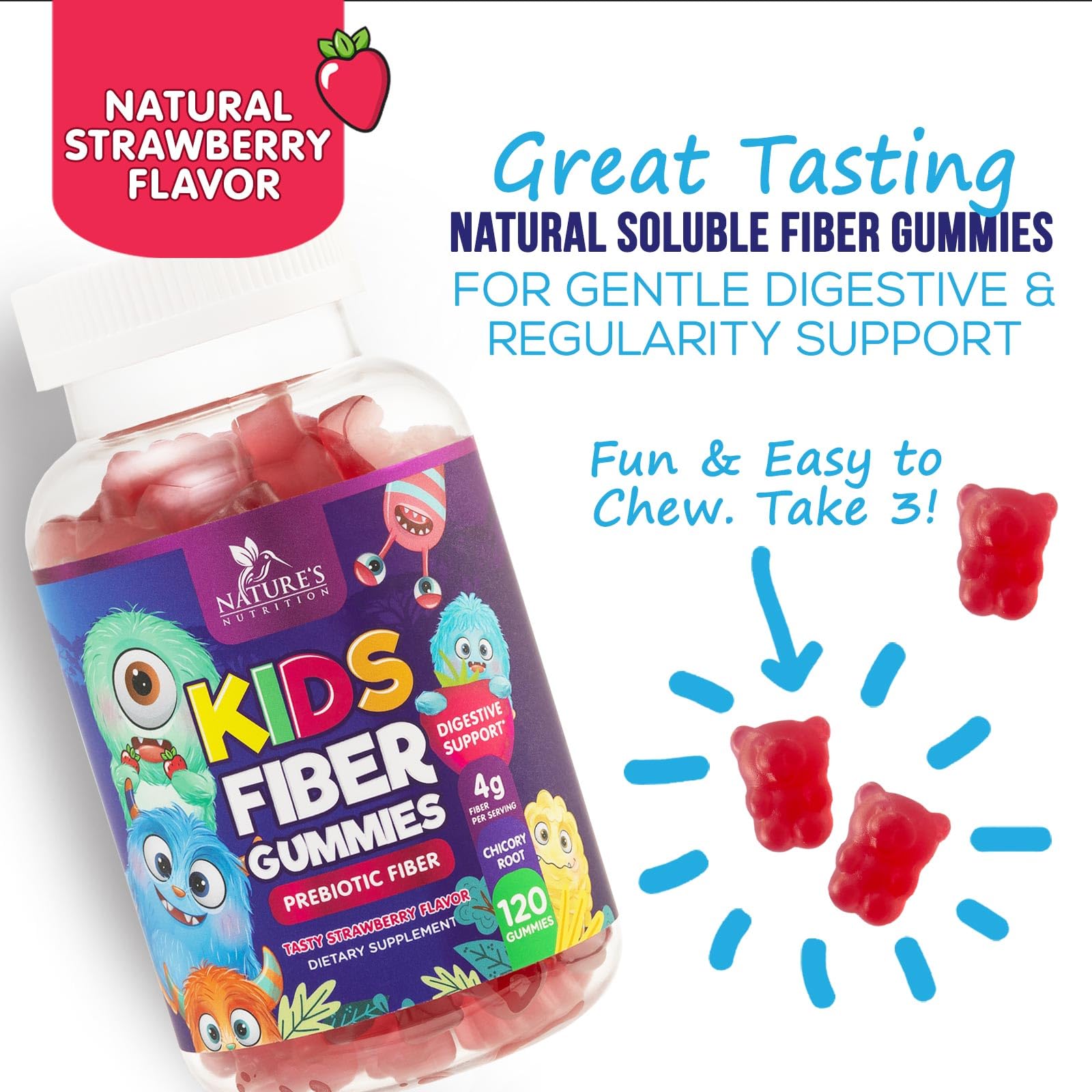 Fiber Gummies for Kids – 4g Daily Prebiotic Fiber Supplement | Plant-Based, Non-GMO, 120 Gummies