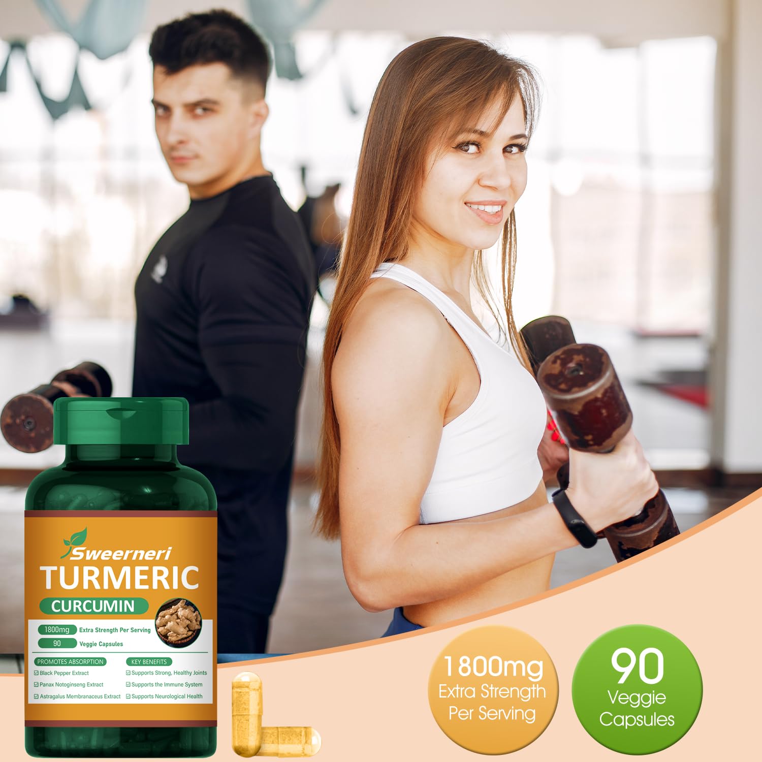 Turmeric Curcumin 1800mg with 95% Curcuminoids & Black Pepper – High Absorption, Extra Strength, 90 Capsules