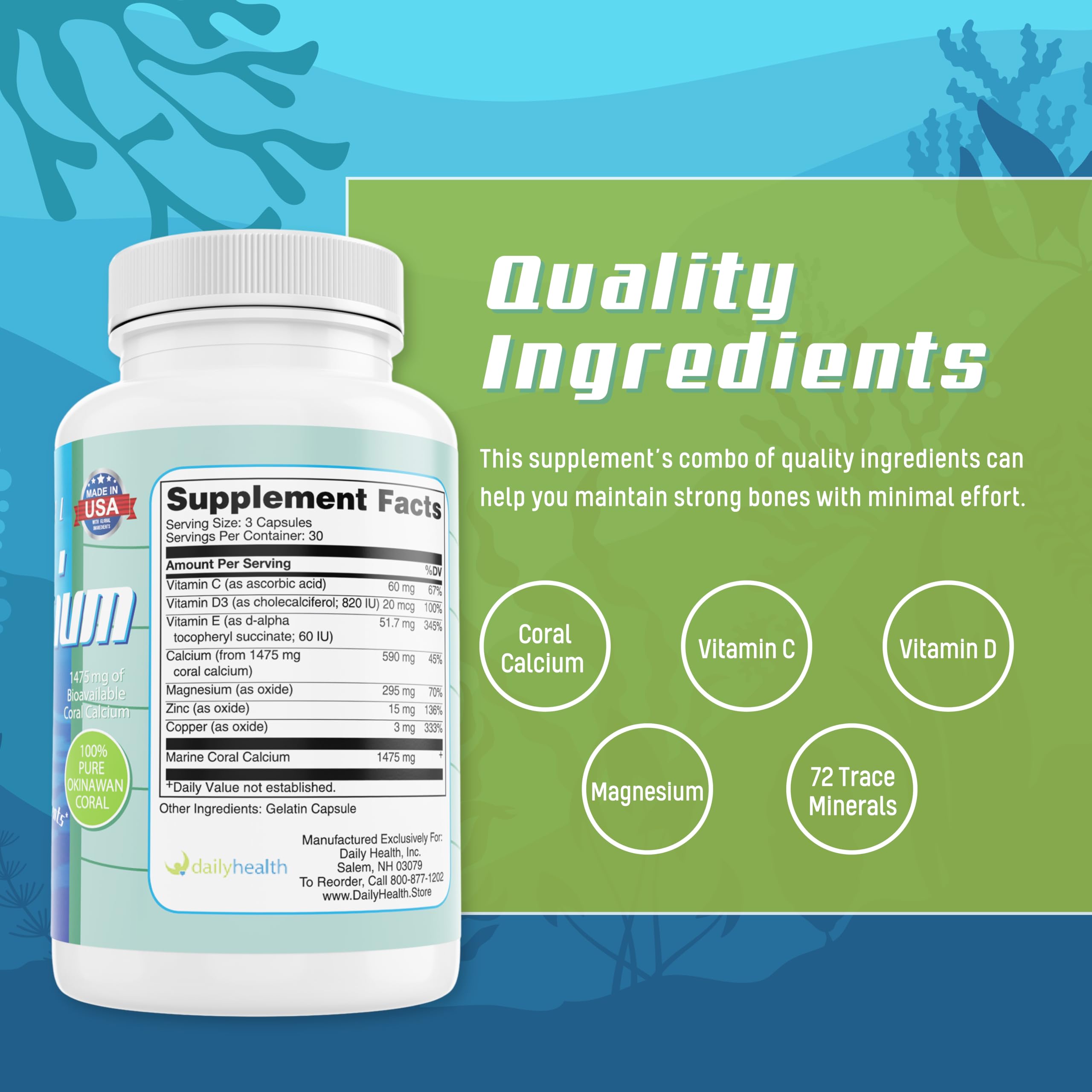 Daily Health Pure Okinawa Coral Calcium – 72 Minerals, 1475mg