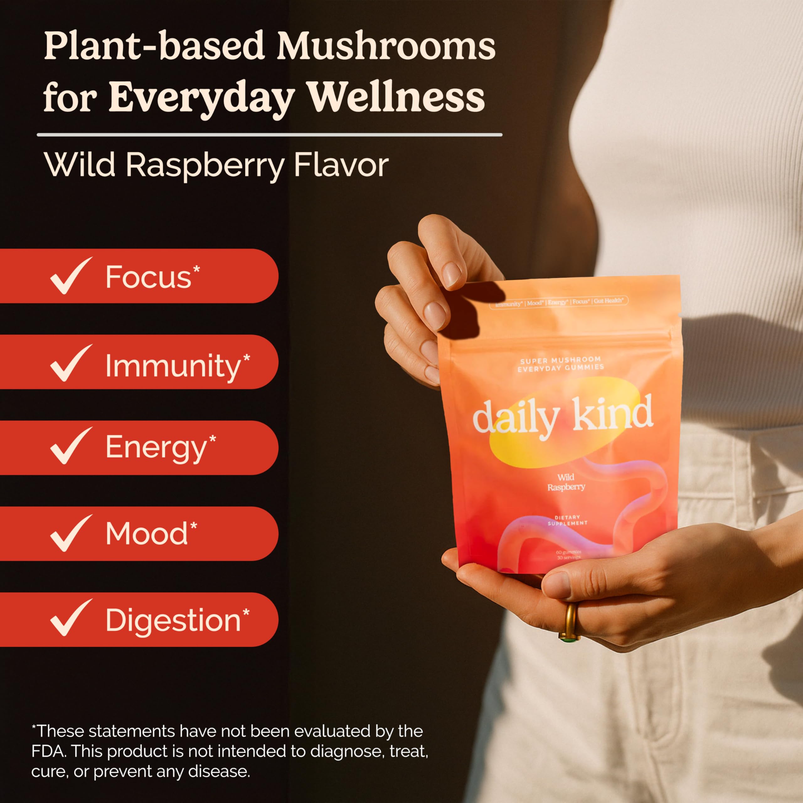 Daily Kind Super Mushroom Gummies – 10-in-1 Adaptogenic Mushroom Supplement (60-Ct) | Immunity, Focus & Gut Health | Vegan & Gluten-Free