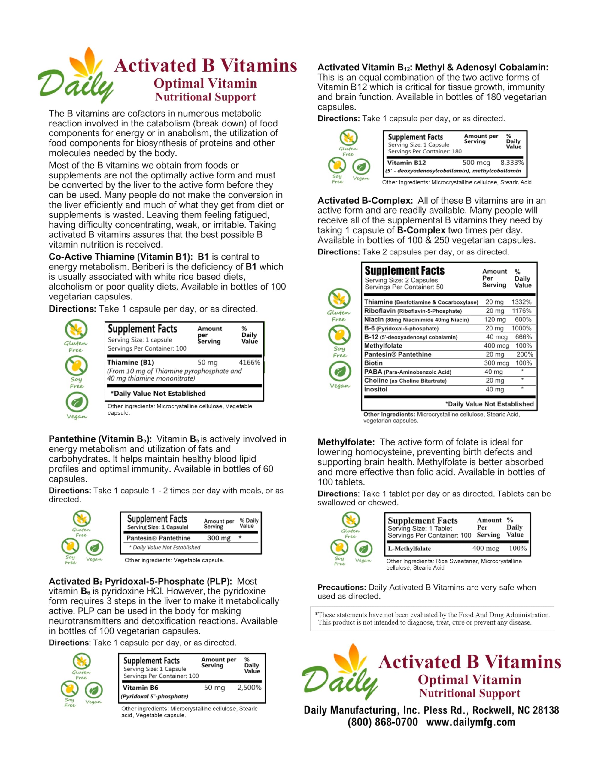 Daily Manufacturing Activated B-Complex - 250 Capsules | Activated Forms of Multi B Vitamins