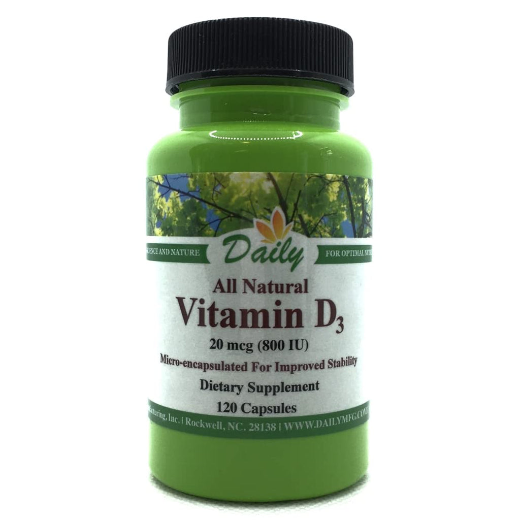 Daily Manufacturing Vitamin D3 800 IU (20 mcg) – Non-GMO, Gluten Free, Kosher – 120 Veg Capsules